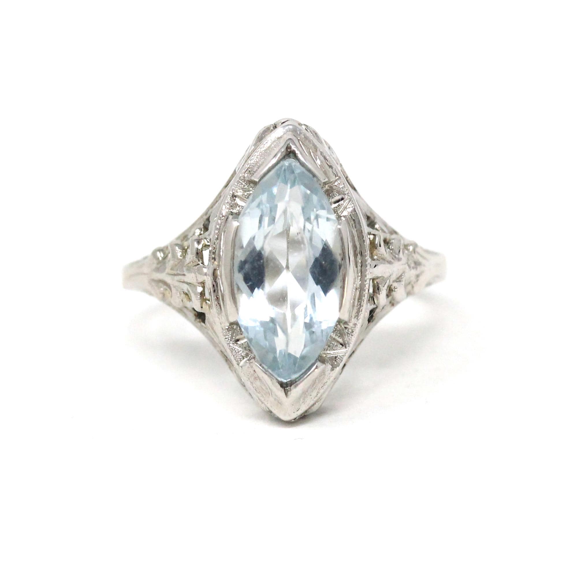 Antique Aquamarine Ring - Art Deco 18k White Gold Light Blue Marquise Gemstone - Circa 1920s Era Size 5 1/2 Filigree Fine Statement Jewelry