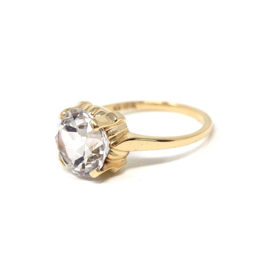 Created Spinel Ring - Mid Century 10k White Gold Round Faceted White Gem - Vintage Circa 1940s Size 6.5 Statement Fine August Birth Jewelry