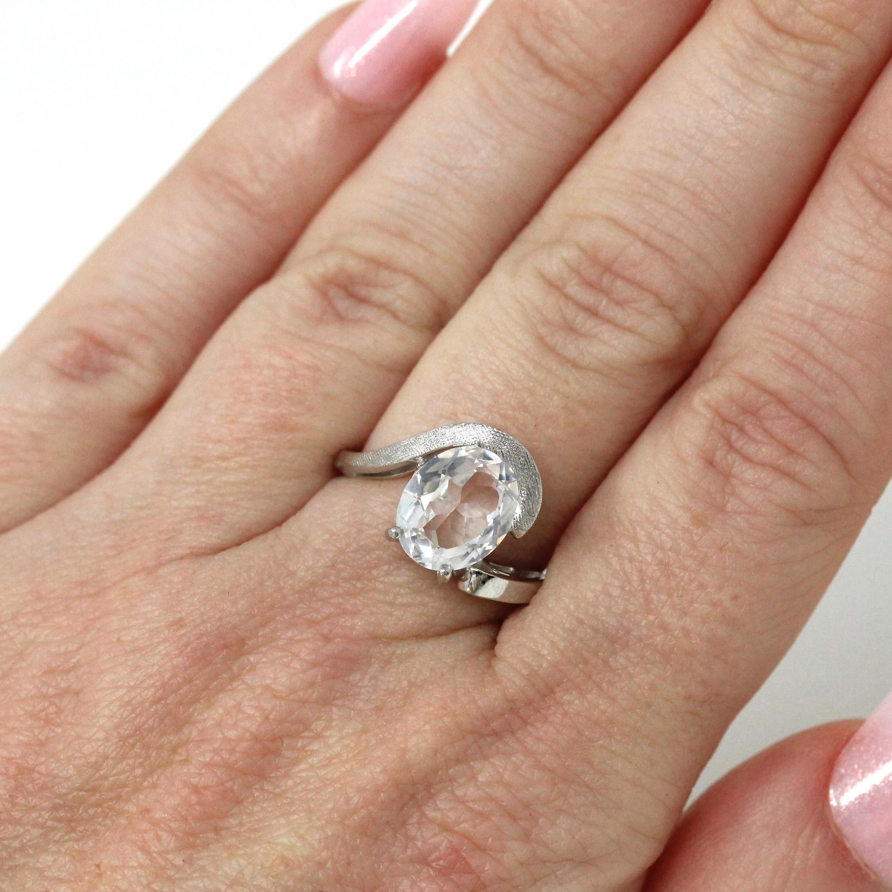 Created Spinel Ring - Retro 10k White Gold Oval Faceted White Stone - Vintage Circa 1960s Era Size 5 3/4 Fine Simulated Diamond Jewelry