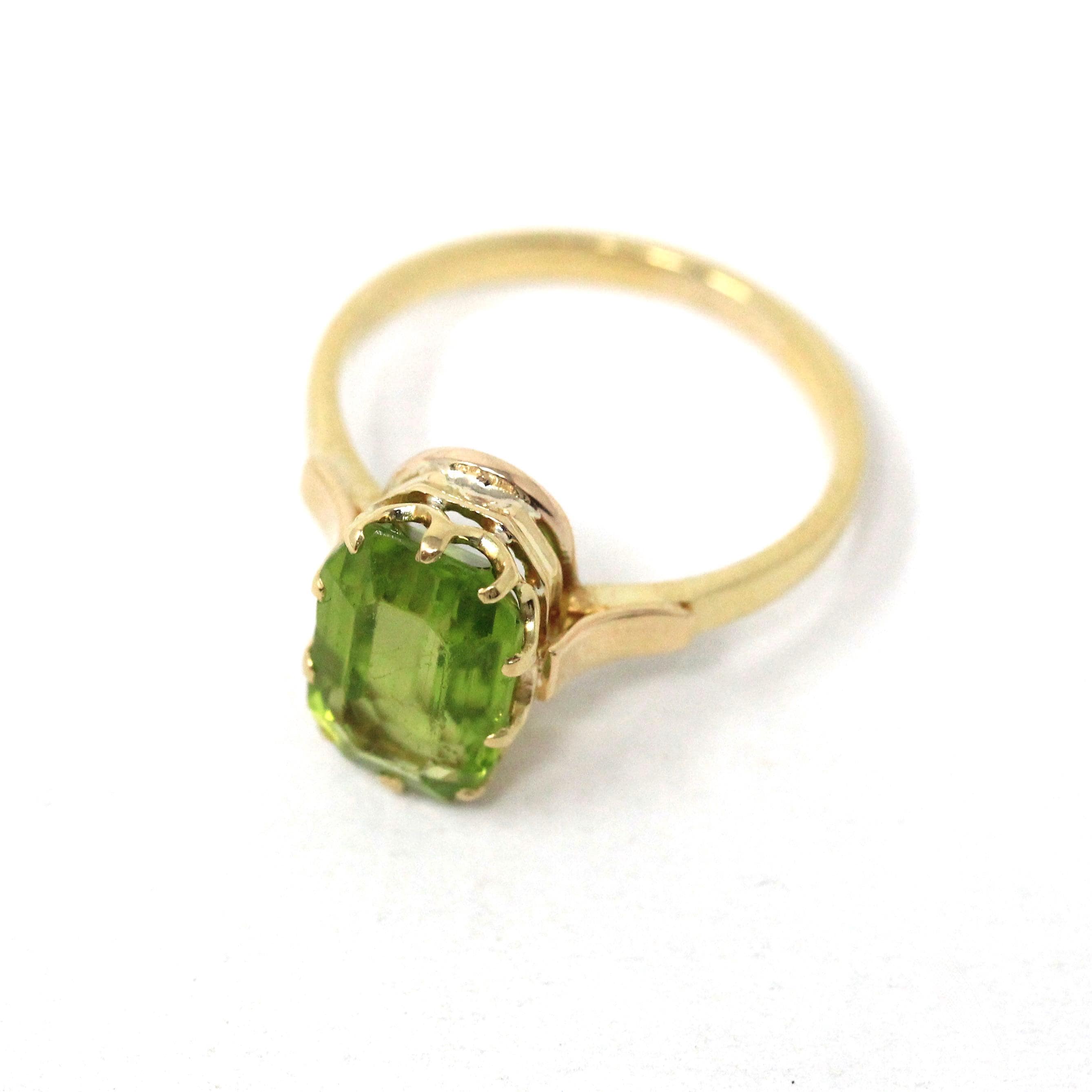 Natural Peridot Ring - Edwardian 14k Yellow Gold 1.24 CT Green Gemstone - Antique Circa 1910s Era Size 6 1/4 August Birthstone Fine Jewelry