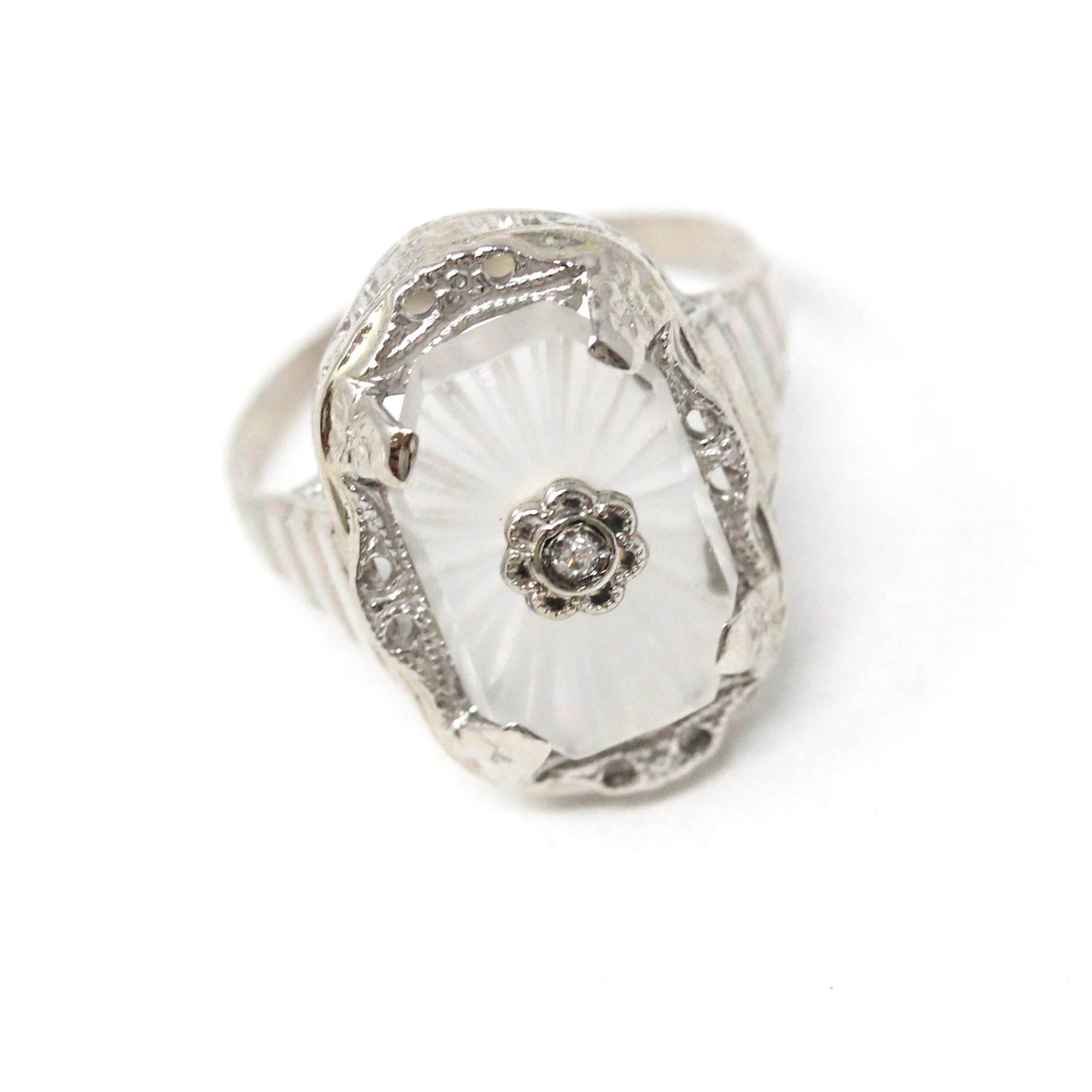 Rock Crystal Quartz Ring - Art Deco 14k White Gold Genuine Diamond Gemstone - Vintage Circa 1930 Size 6 3/4 Filigree Floral Fine 30s Jewelry