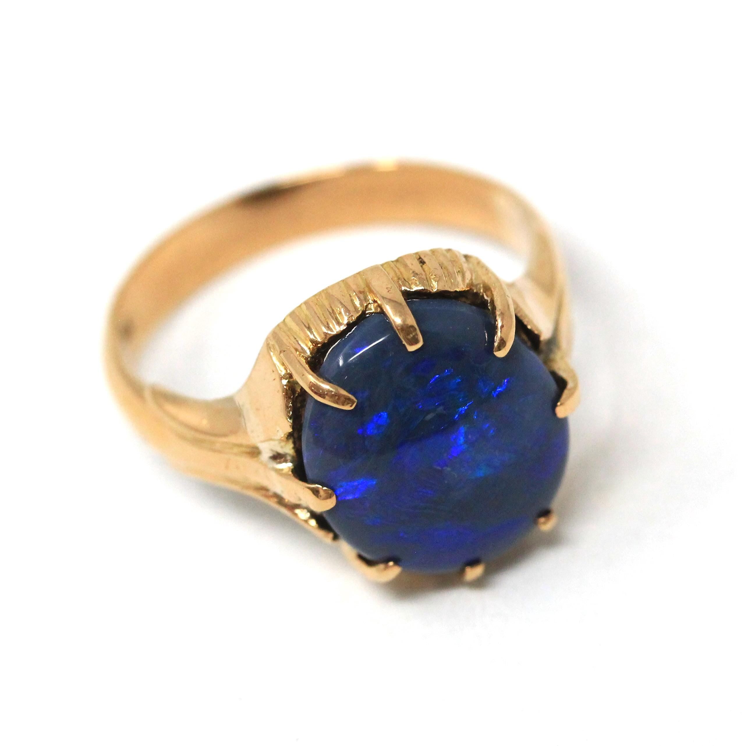 Dark Gray Opal Ring - Estate 18k Yellow Gold Oval Cabochon Cut 3.45 CT Gem - Modern Circa 1990s Size 7 3/4 October Birthstone Fine Jewelry