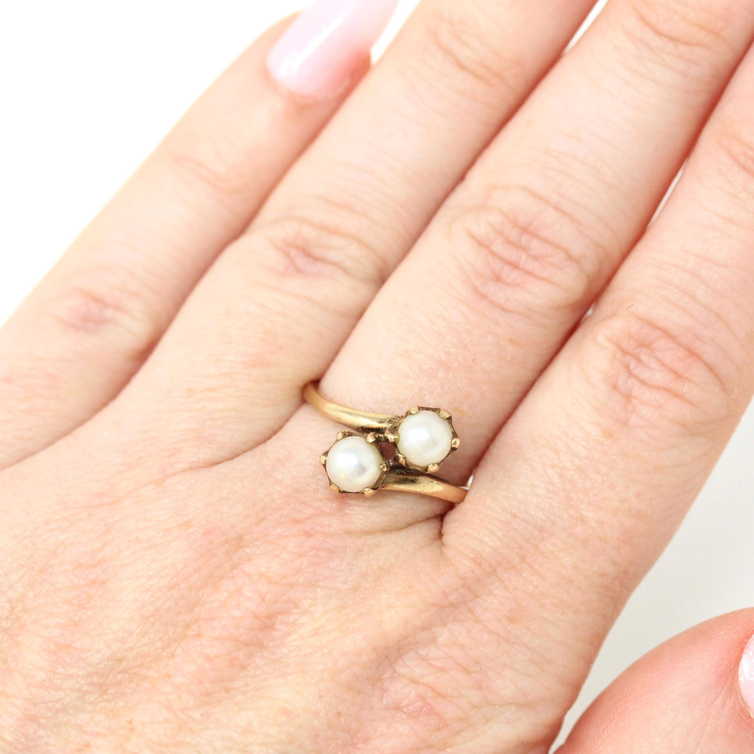 Cultured Pearl Ring - Mid Century 10k Yellow Gold Toi Et Moi Two Gem Bypass - Vintage Circa 1940s Size 6 3/4 June Birthstone B&F Jewelry