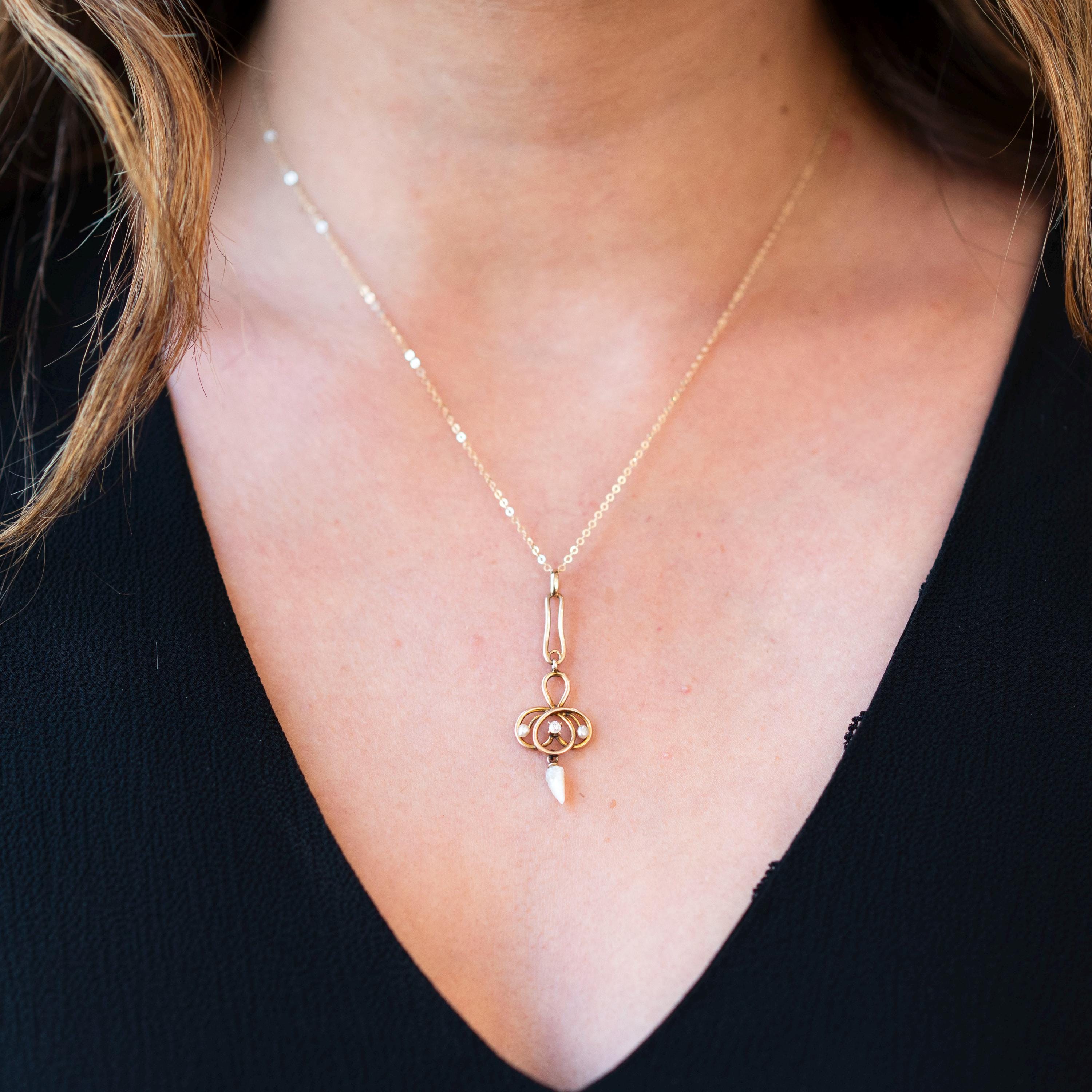 Edwardian Lavalier Necklace - Antique 10k Yellow Gold Natural Diamond Baroque Seed Pearl Gemstone Charm Pendant - Circa 1900s Fine Jewelry