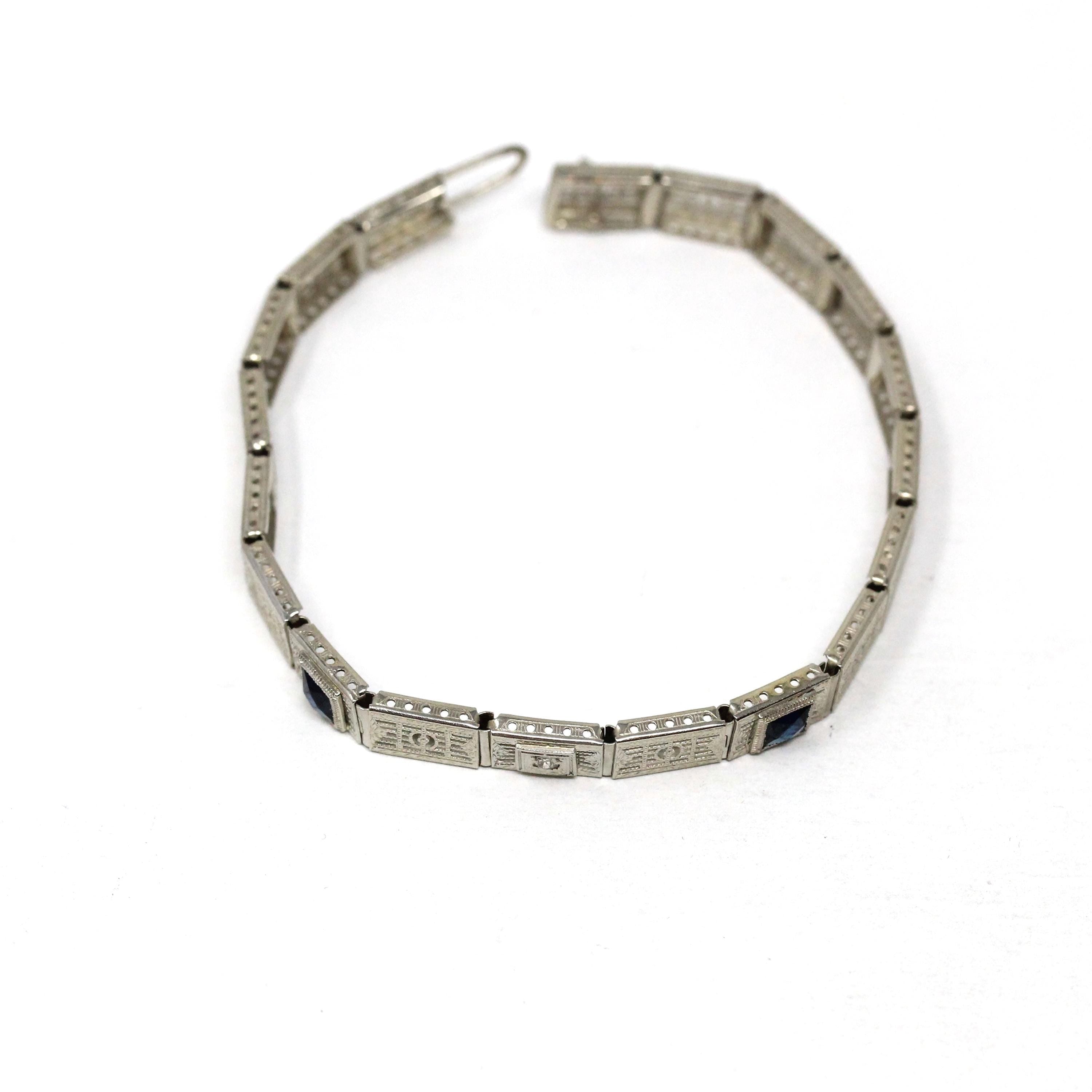 Art Deco Bracelet - Vintage 14k White Gold Simulated Sapphire Blue Glass & Diamonds - Circa 1930s Era Line Tennis Fashion Accessory Jewelry