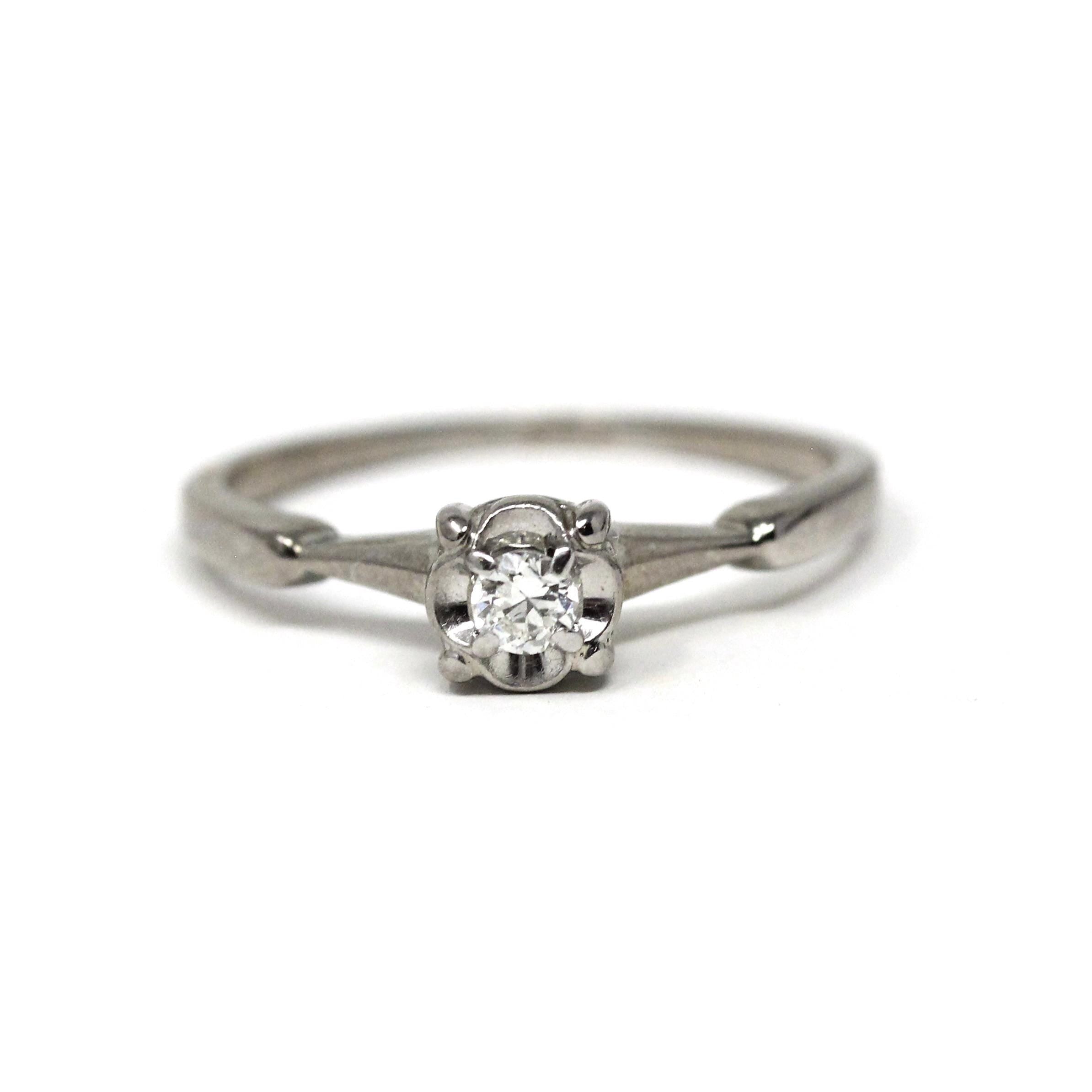 Mid Century Ring - Vintage 18k White Gold Solitaire Diamond Engagement - Circa 1950s Era Size 7 1/4 Illusion Head Fine Statement Jewelry