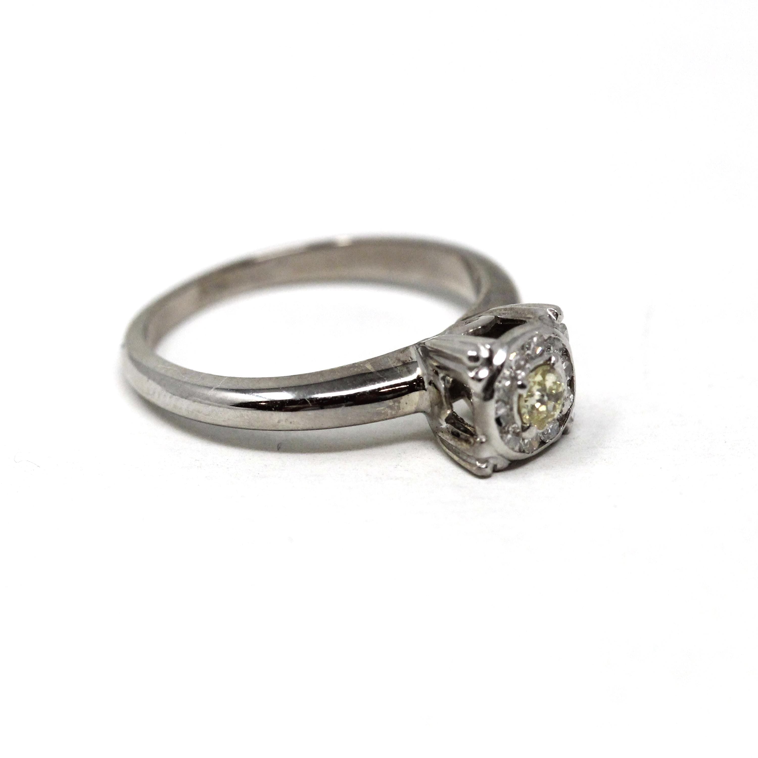 Illusion Halo Ring - Vintage 14k White Gold Natural Diamond Cluster Engagement - Mid Century Circa 1950s Era Size 5 1/4 Fine Bridal Jewelry