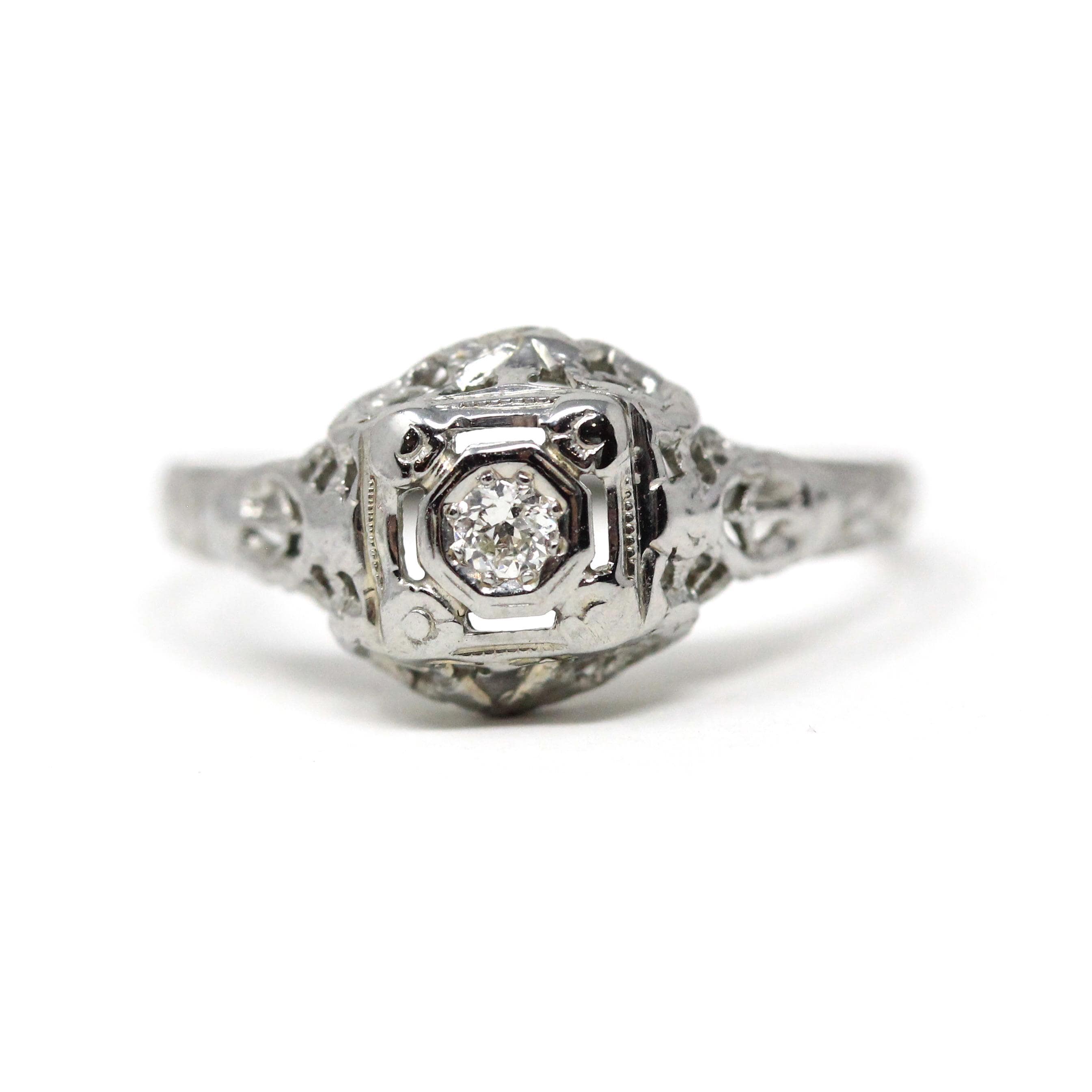 Vintage Diamond Ring - Art Deco 18k White Gold Natural Old European Solitaire Engagement - Circa 1930s Era Size 7 1/4 Filigree Fine Jewelry