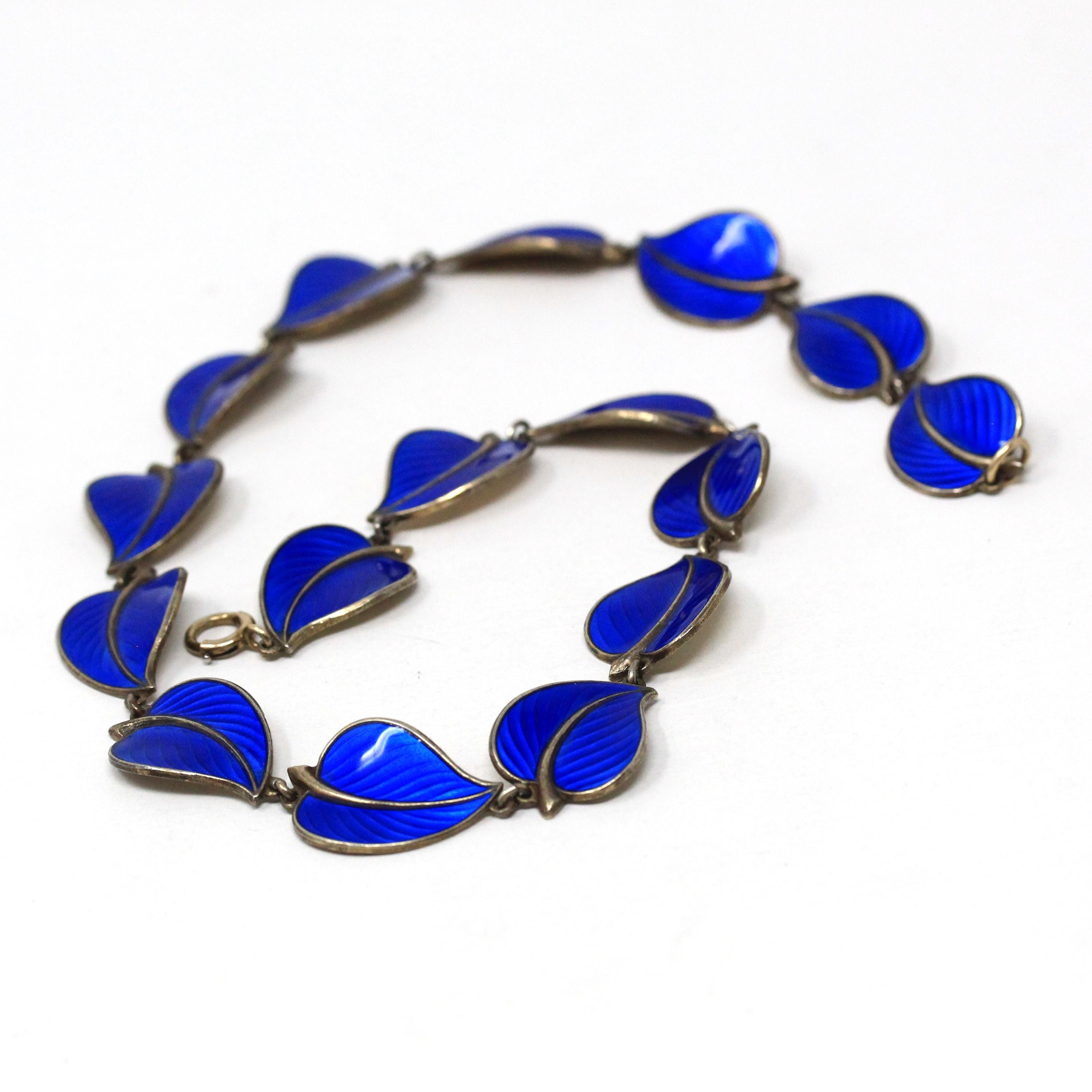 Vintage Enamel Necklace - Mid Century Sterling Silver Blue Enamel Leaf Links Necklace - Circa 1950s Era Hans Myhre Scandinavian 50s Jewelry