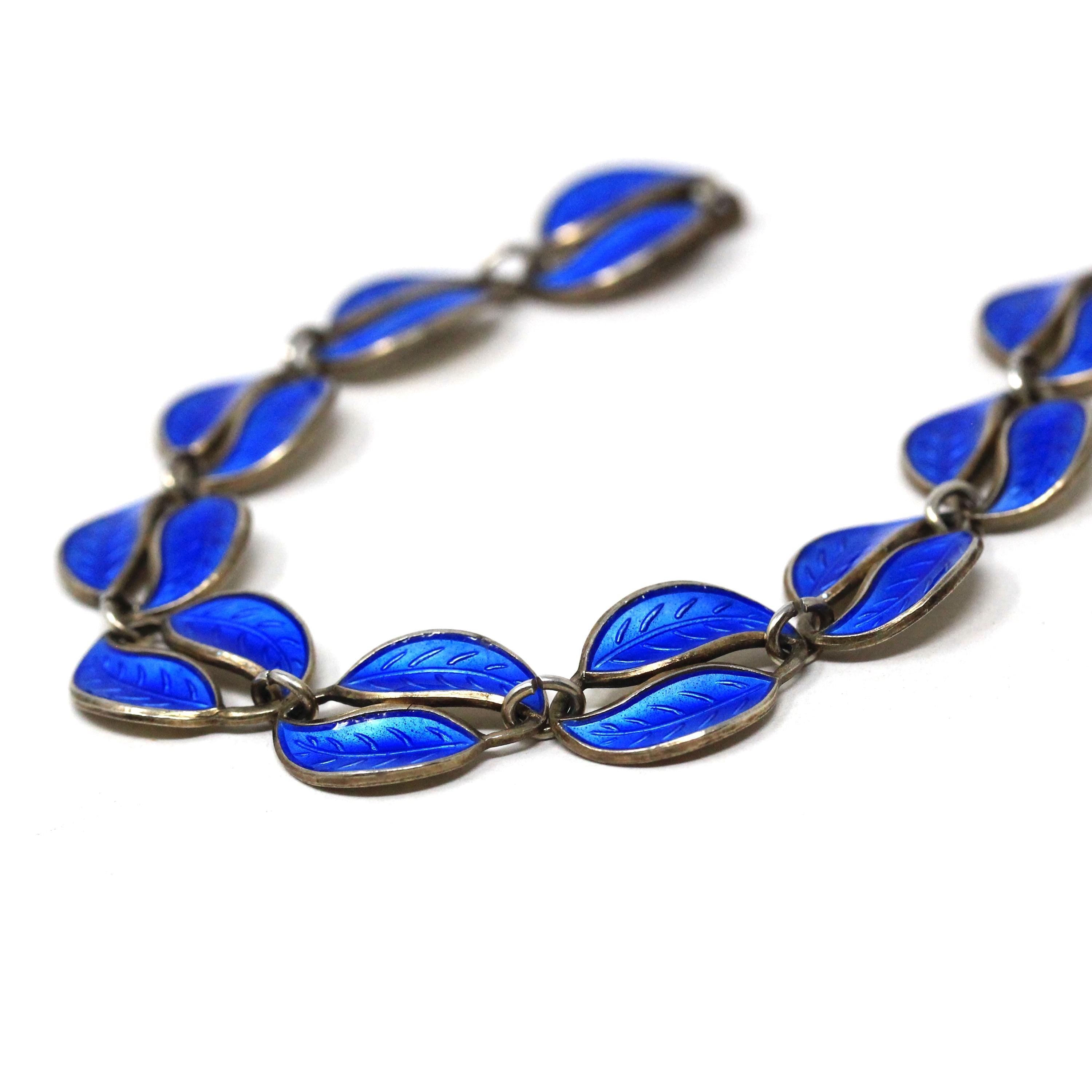 Vintage Enamel Jewelry Set - Mid Century Sterling Silver Blue Enamel Leaf Links Necklace Bracelet - Circa 1950s Era David Anderson Jewelry