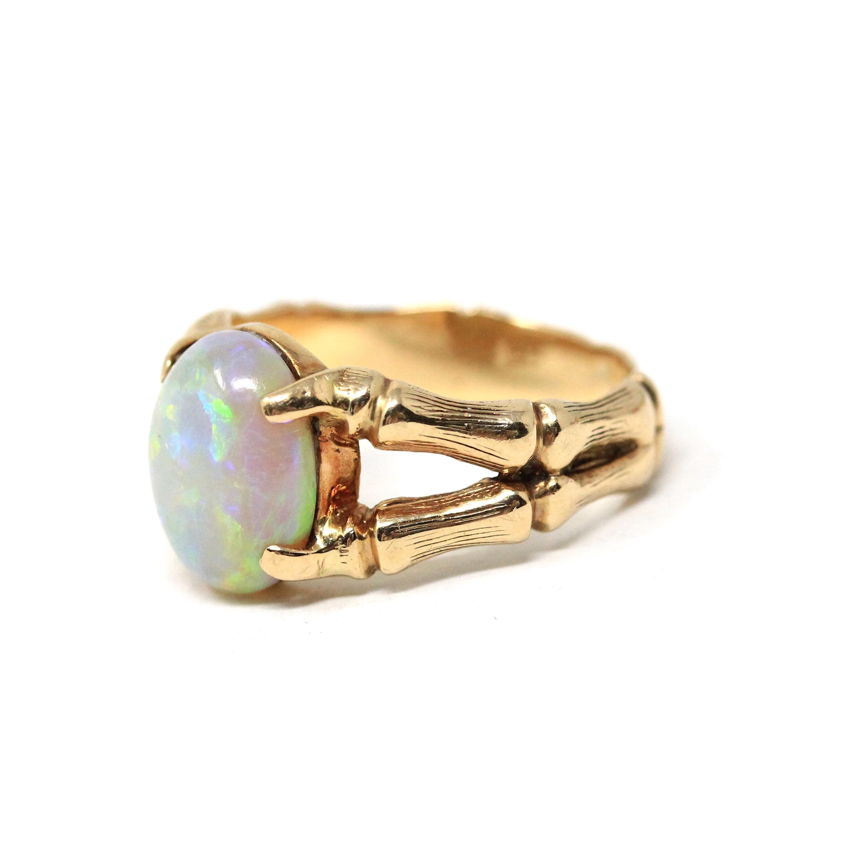 Vintage Opal Ring - Retro Era 10k Yellow Gold Natural Oval Gemstone Bamboo Branch Statement - Circa 1970s Size 6 1/4 Brutalist Fine Jewelry