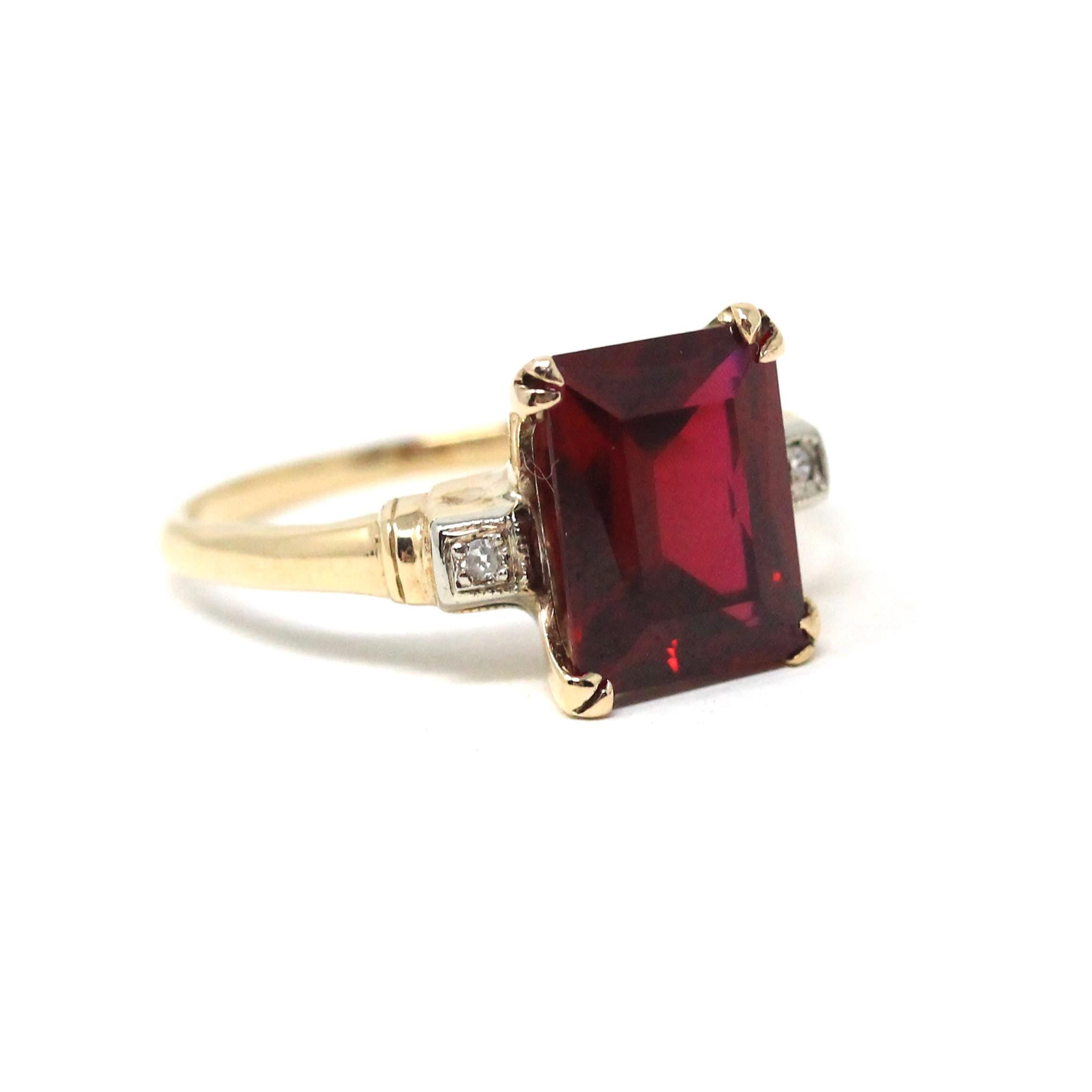 Created Ruby Ring - Vintage 14k Yellow Gold Rectangular Red Gemstone Natural Diamond Accents - Circa 1940s Size 7 1/2 Fine Two Tone Jewelry