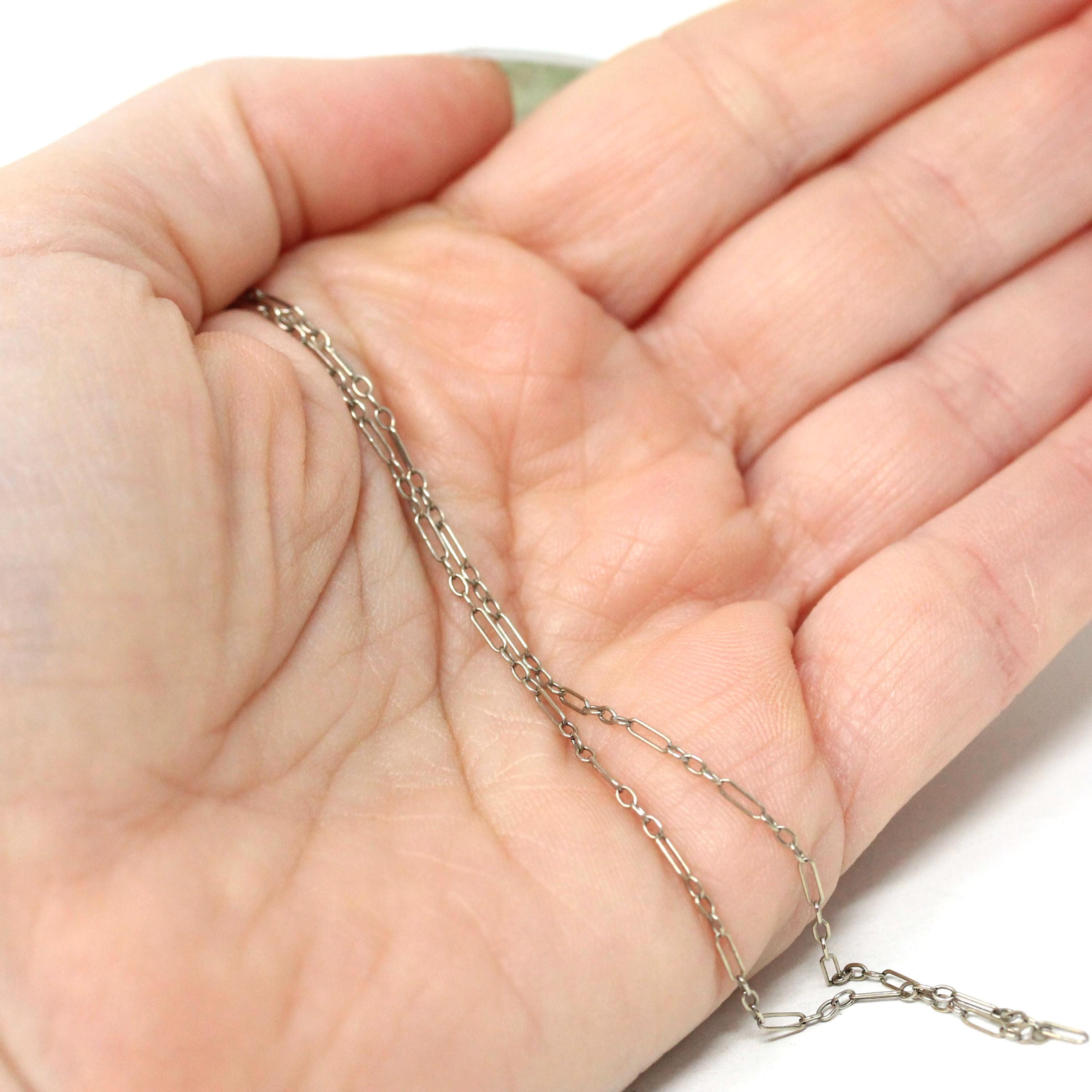 Vintage Chain Necklace - Art Deco 14k White Gold Decorative Paper Clip Link - Circa 1920s Era Spring Ring Clasp Dainty Accessory Jewelry