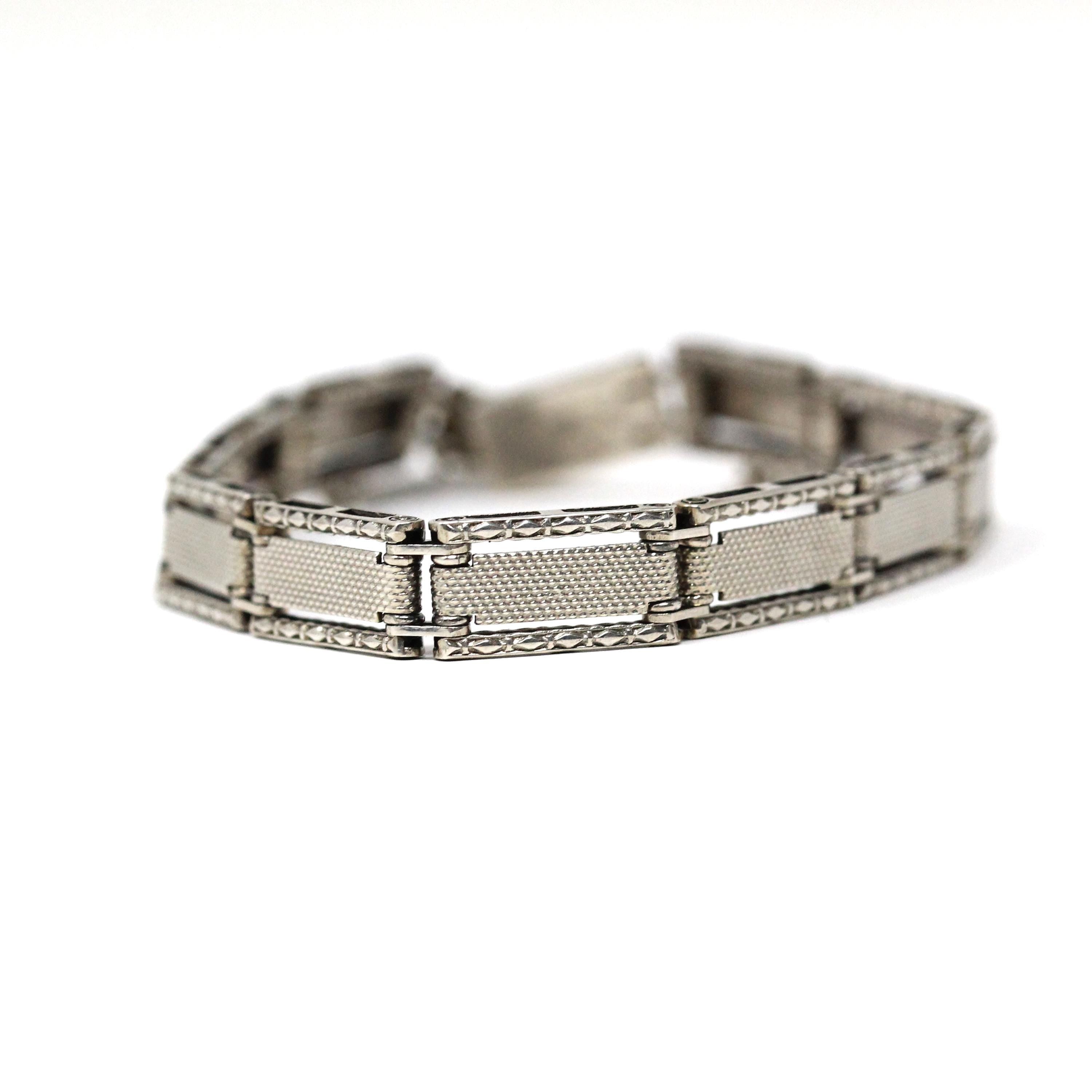 Vintage Panel Bracelet - Retro Sterling Silver Rectangular Textured Links - Circa 1960s Era Statement Fashion Accessory Marked Wells Jewelry