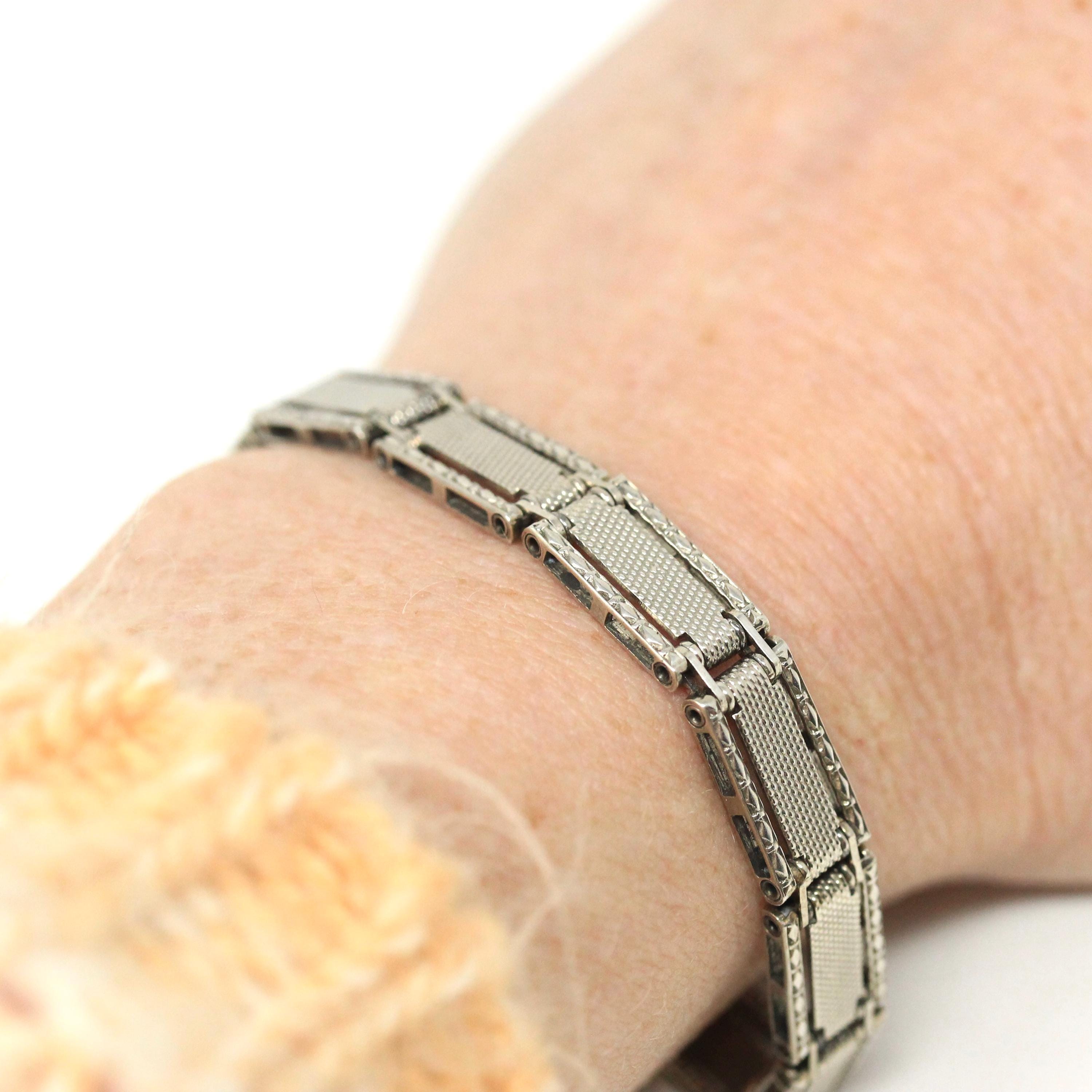 Vintage Panel Bracelet - Retro Sterling Silver Rectangular Textured Links - Circa 1960s Era Statement Fashion Accessory Marked Wells Jewelry