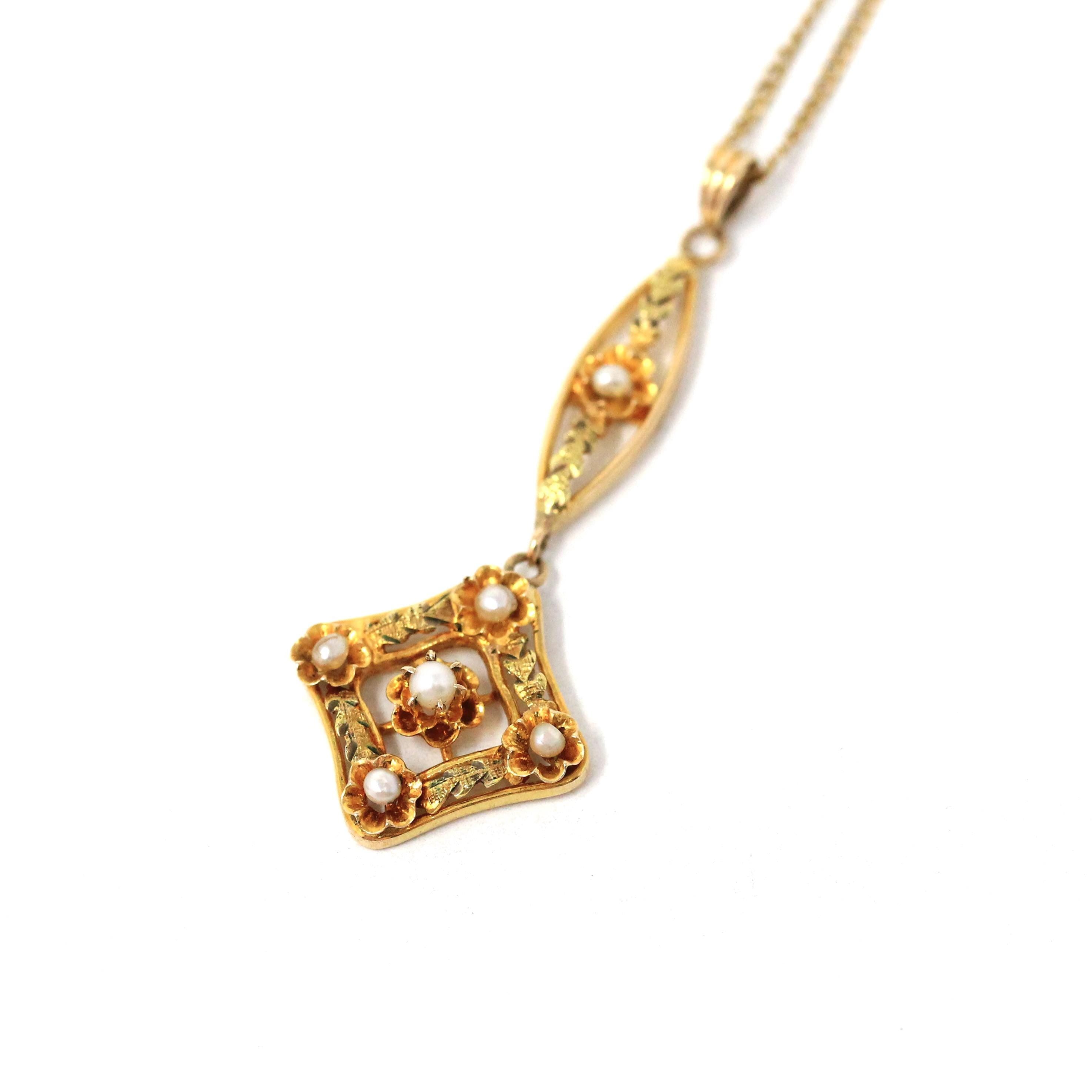Antique Lavalier Necklace - Vintage 10k Yellow Gold Seed Pearl Dangle Charm Pendant - Edwardian 1910s Era Floral Flower Fine Dainty Jewelry