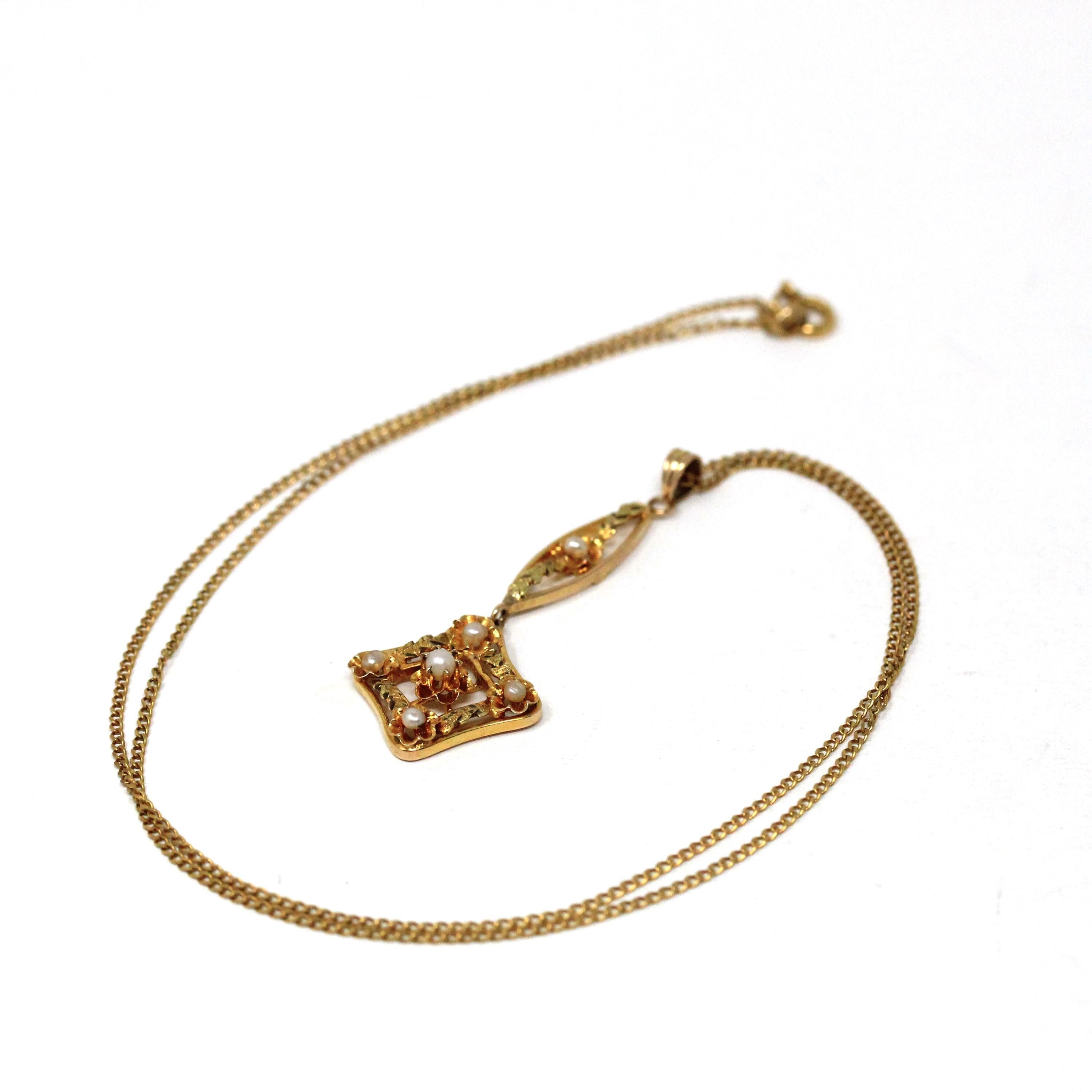 Antique Lavalier Necklace - Vintage 10k Yellow Gold Seed Pearl Dangle Charm Pendant - Edwardian 1910s Era Floral Flower Fine Dainty Jewelry