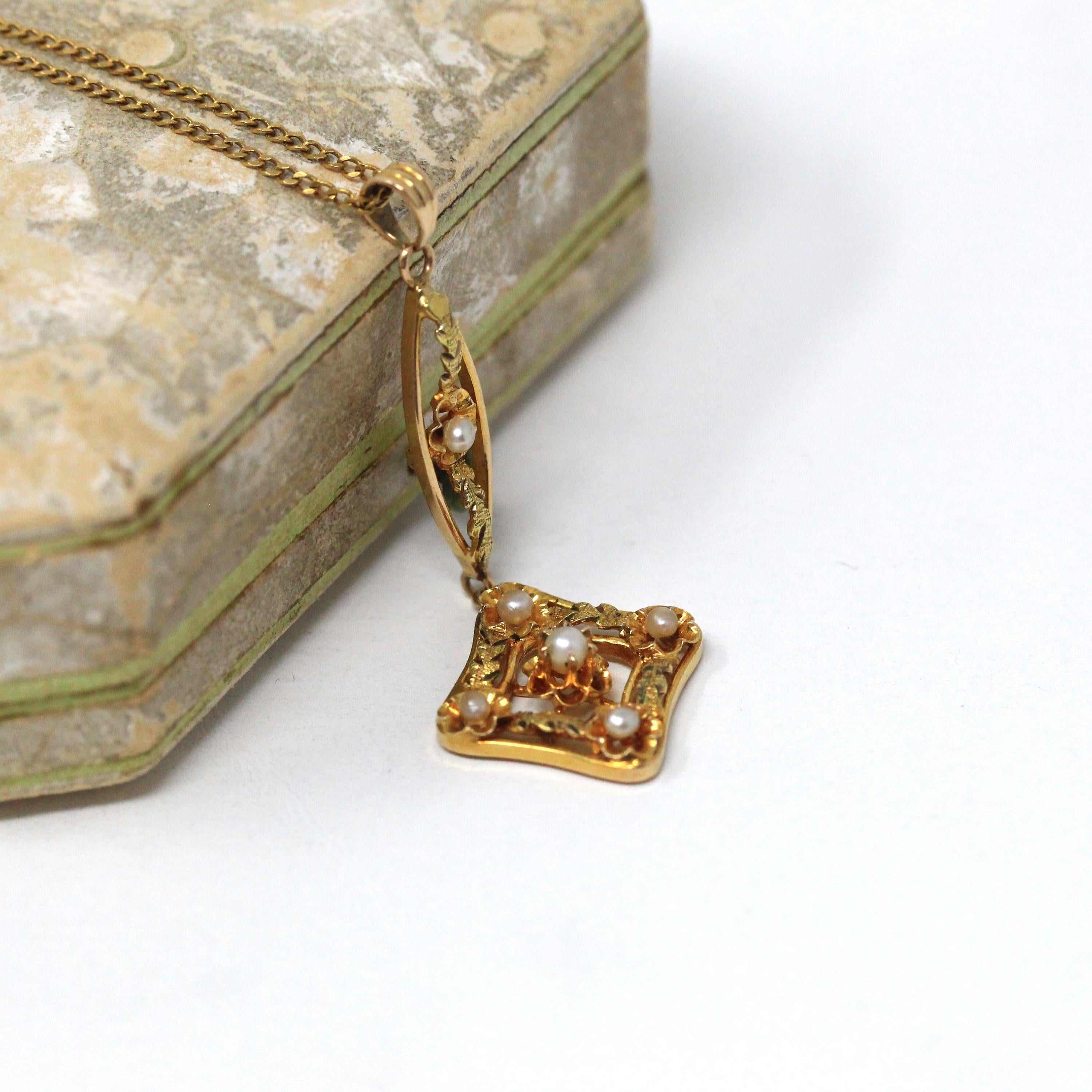 Antique Lavalier Necklace - Vintage 10k Yellow Gold Seed Pearl Dangle Charm Pendant - Edwardian 1910s Era Floral Flower Fine Dainty Jewelry