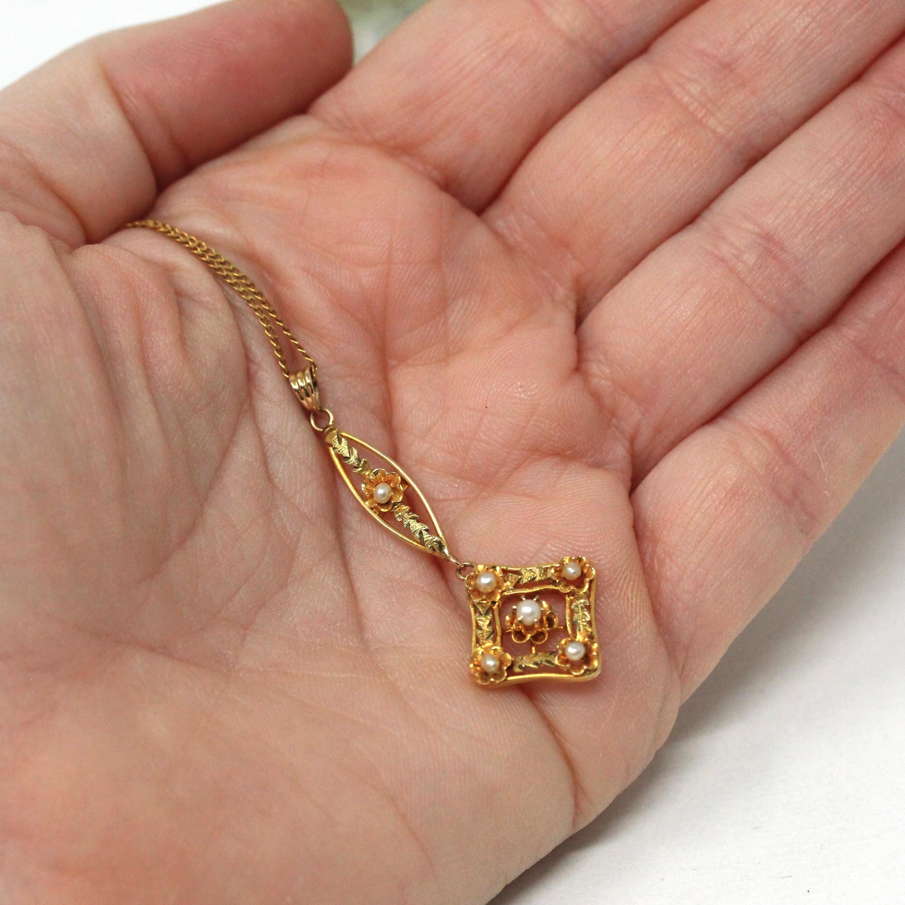 Antique Lavalier Necklace - Vintage 10k Yellow Gold Seed Pearl Dangle Charm Pendant - Edwardian 1910s Era Floral Flower Fine Dainty Jewelry