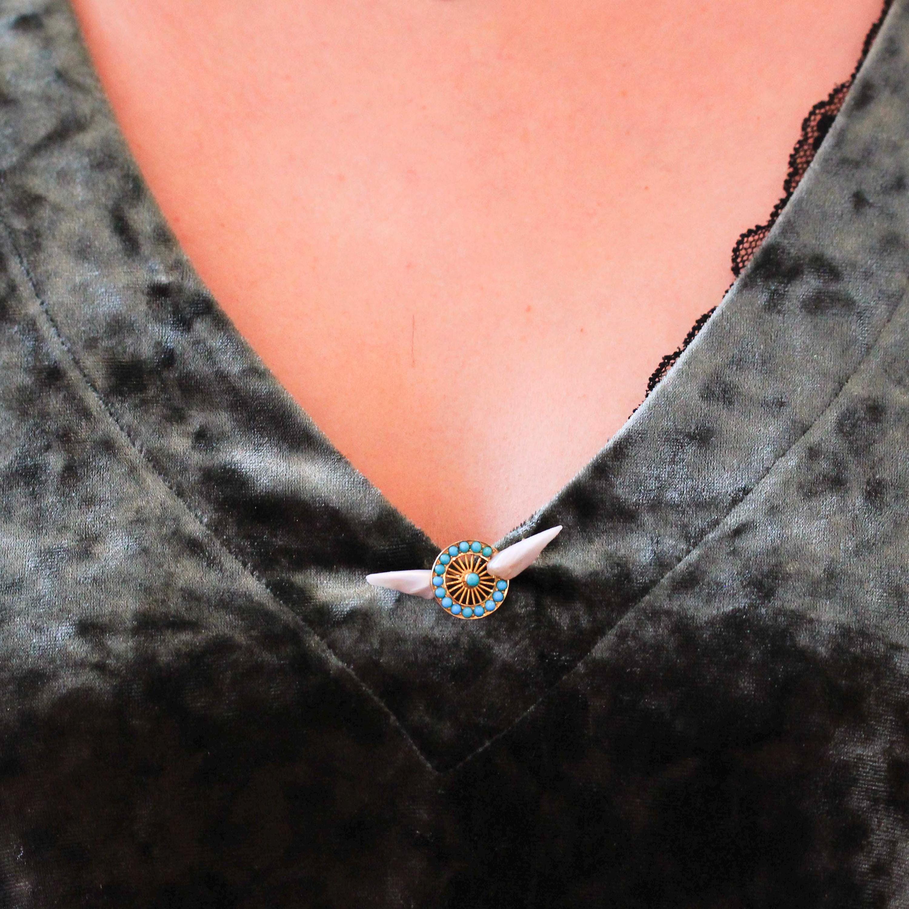 Winged Wheel Brooch - Victorian Era 18k Yellow Gold Natural Blue Turquoise Gems - Antique Circa 1890s Baroque Pearl Speed & Progress Jewelry