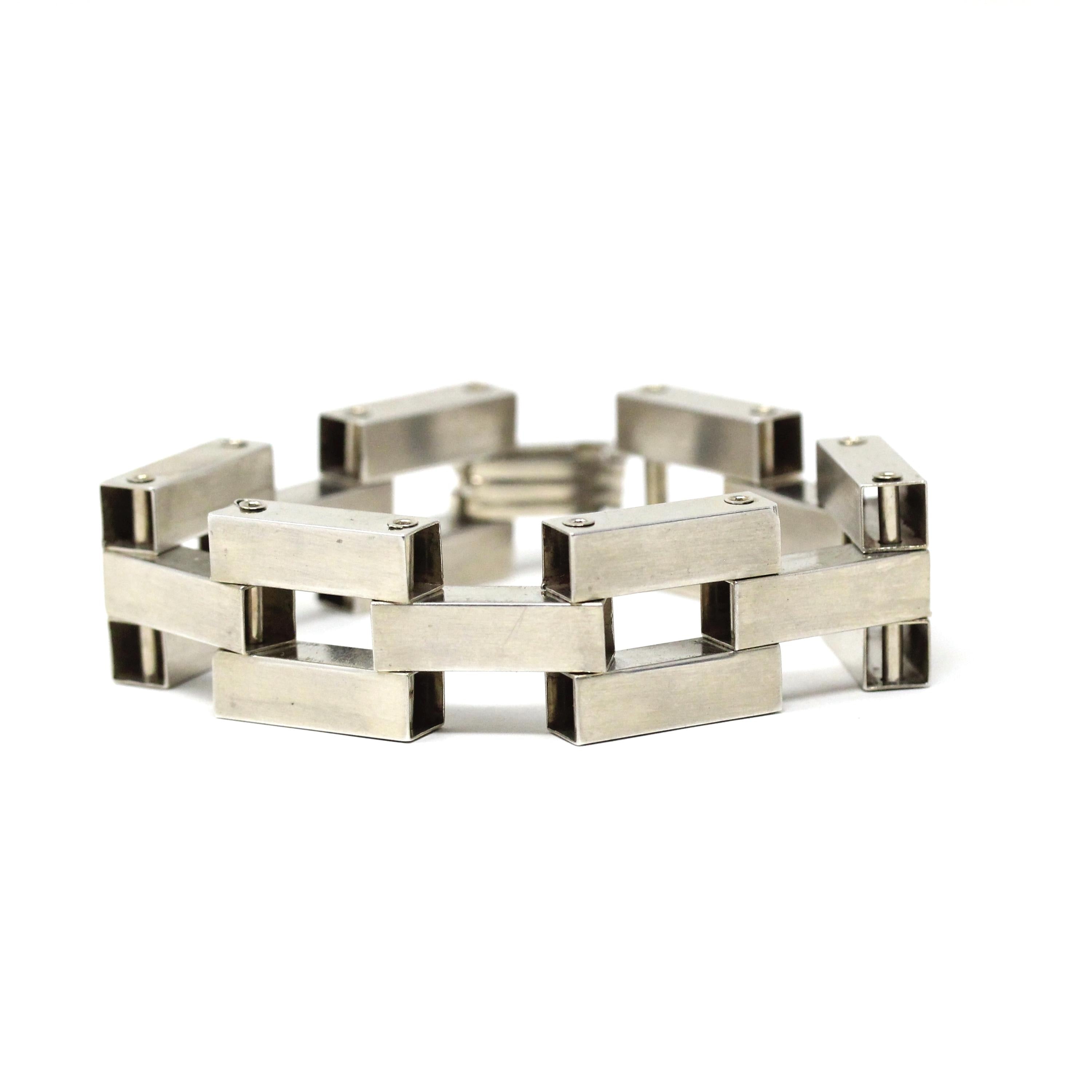 Modernist Silver Bracelet - Retro Era Chunky Gate Link Chain Brick Panel 7 1/2 Inches - Vintage Circa 1960s Statement Fashion Accessory