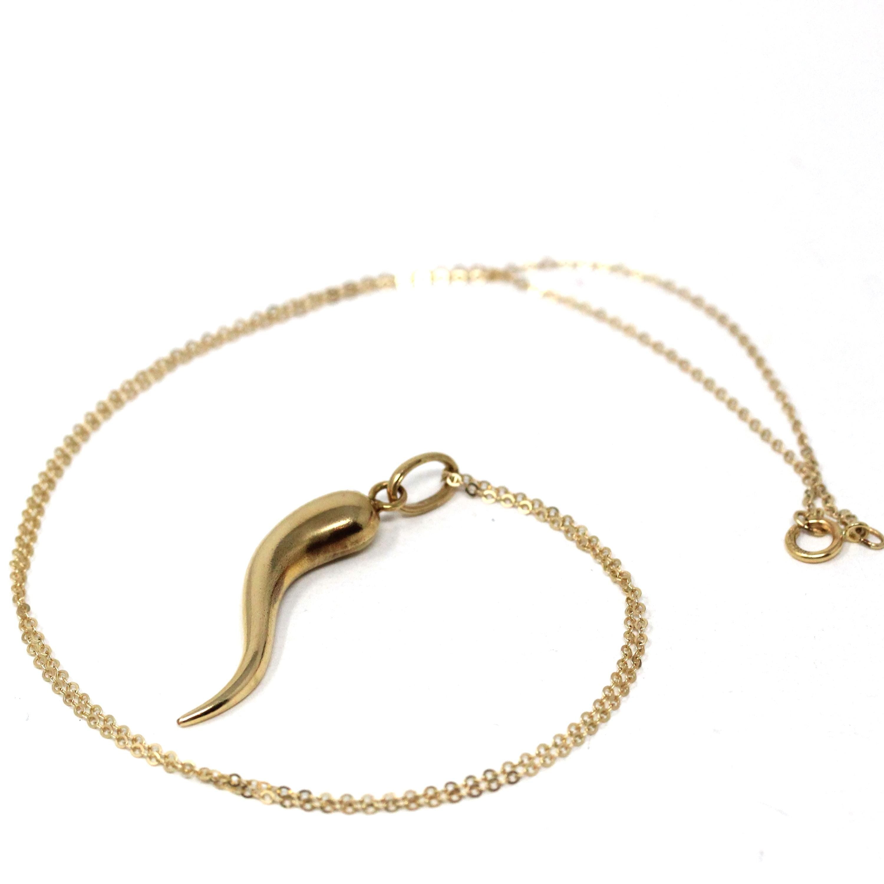 Italian Horn Charm - Retro 14k Yellow Gold Italy Cornicello Good Luck Pendant Necklace - Vintage 1970s Era Ward Off Evil Amulet Fine Jewelry