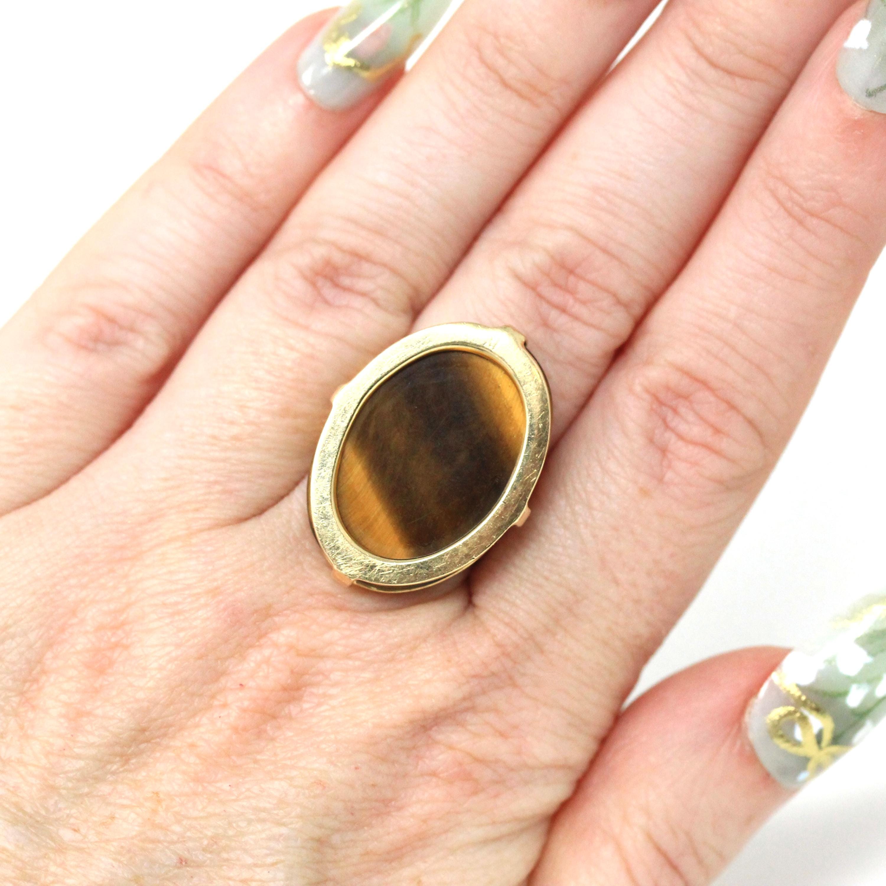 Tiger's Eye Ring - Retro 14k Yellow Gold Natural Brown Gemstone Statement - Vintage Circa 1970s Era Size 6 Oval Chatoyancy Fine 70s Jewelry