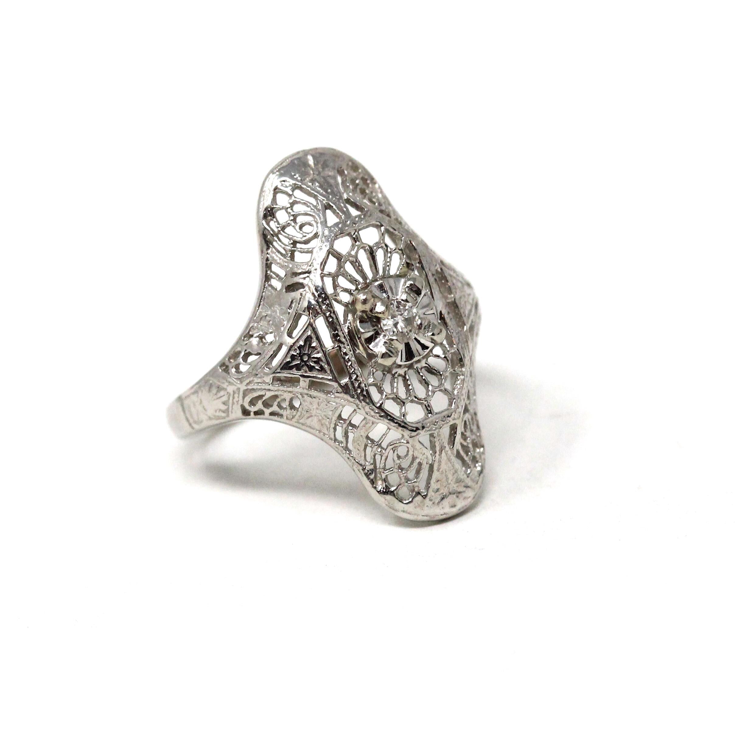 Vintage Shield Ring - Art Deco Style 10k White Gold Natural Diamond - Mid Century 1950s Era Size 3.75 Pinky Fine Filigree Open Metal Jewelry