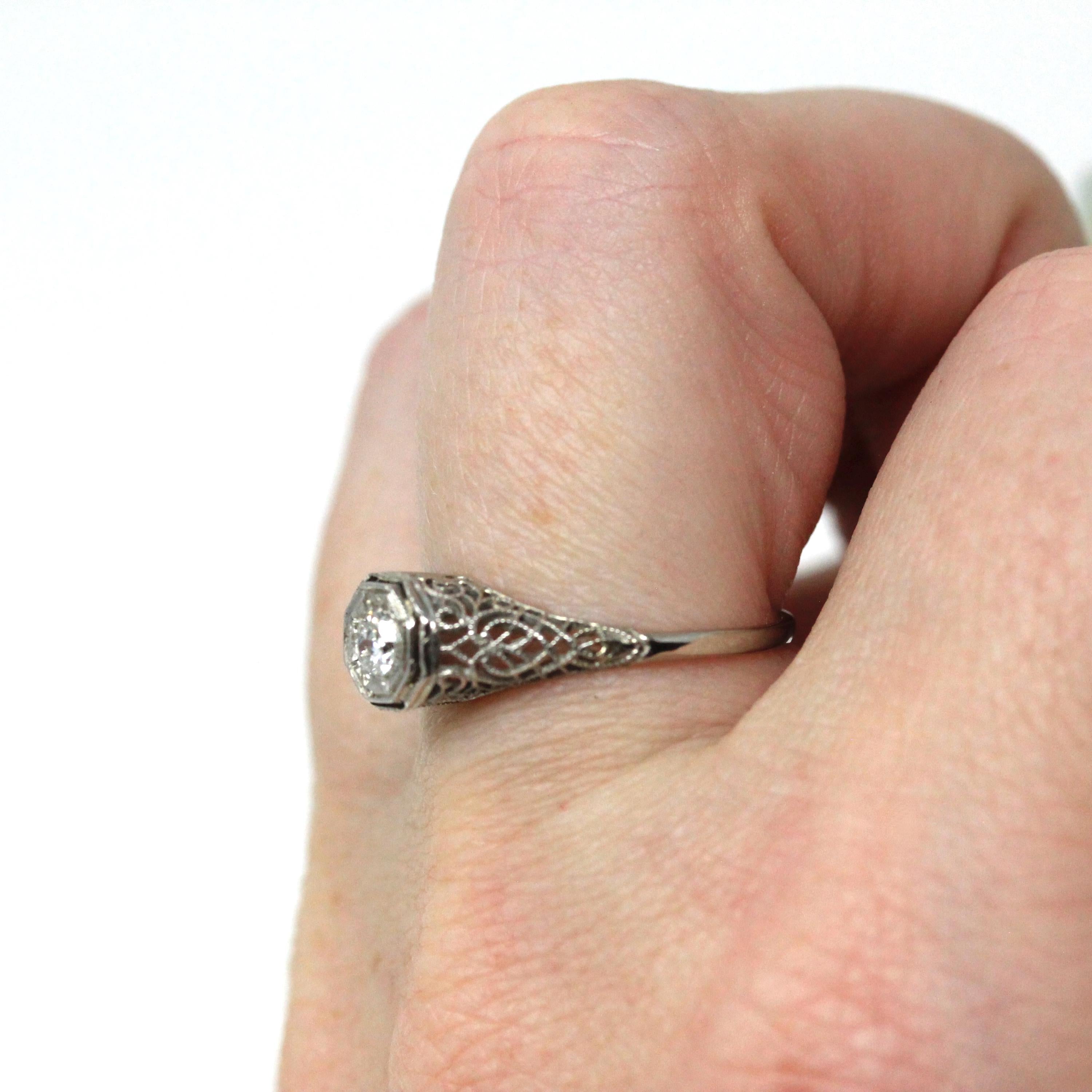 Vintage Diamond Ring - Art Deco 18k White Gold Natural Solitaire Engagement - Circa 1930s Era Size 6 Swirling Heart Filigree Fine Jewelry