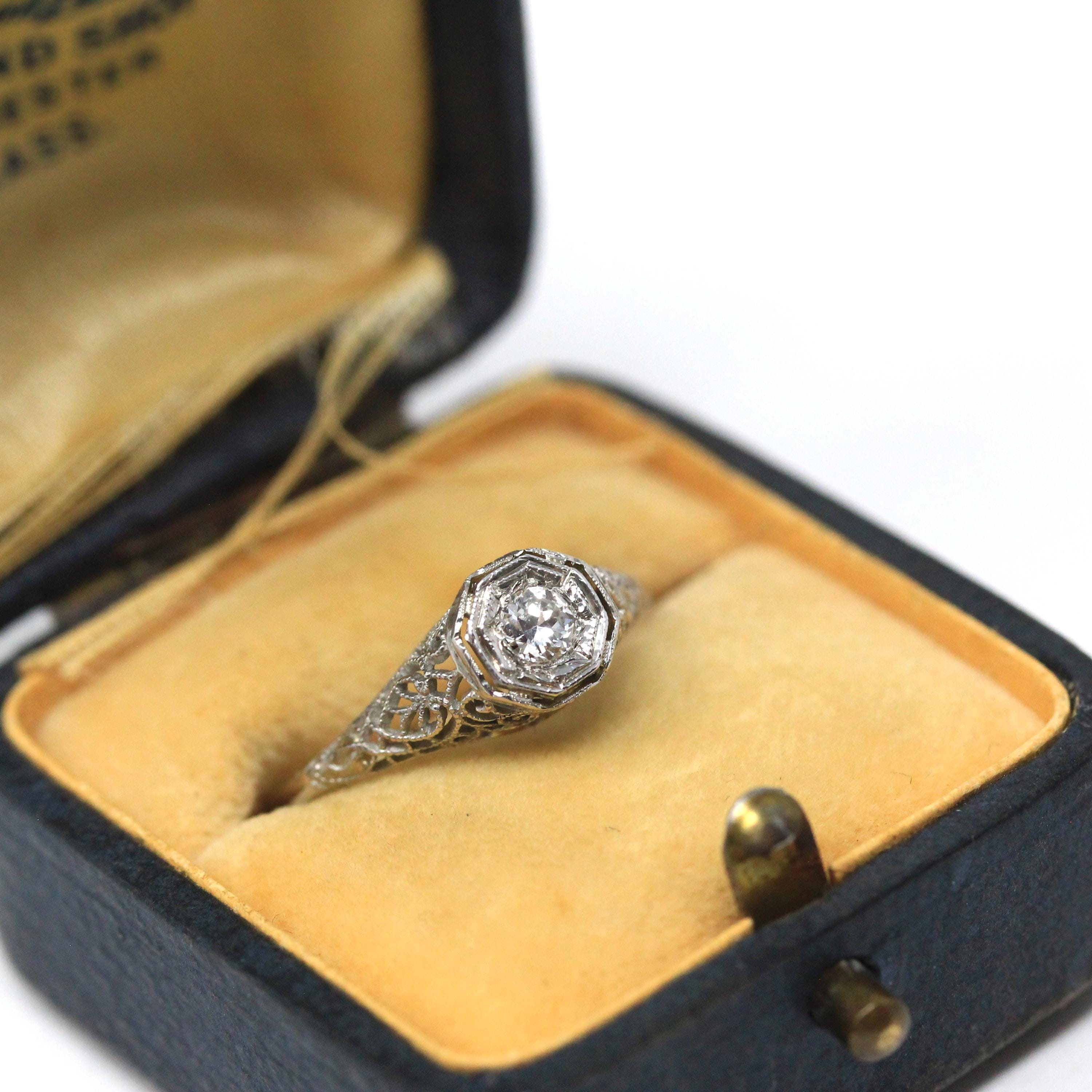 Vintage Diamond Ring - Art Deco 18k White Gold Natural Solitaire Engagement - Circa 1930s Era Size 6 Swirling Heart Filigree Fine Jewelry
