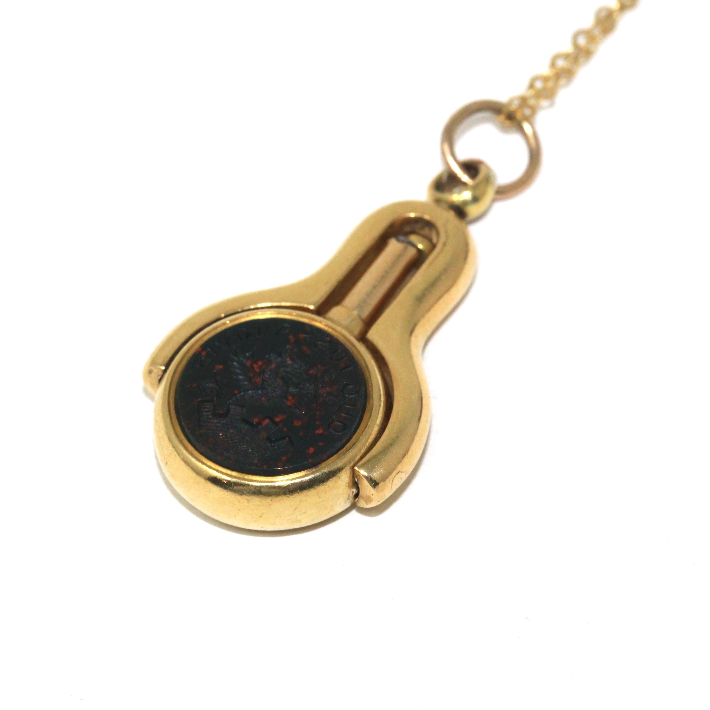Antique Watch Key Spinner - Victorian Era 22K Yellow Gold Bloodstone Intaglio And Agate Fob - Carved Latin Wax Seal Winding Pendant Jewelry