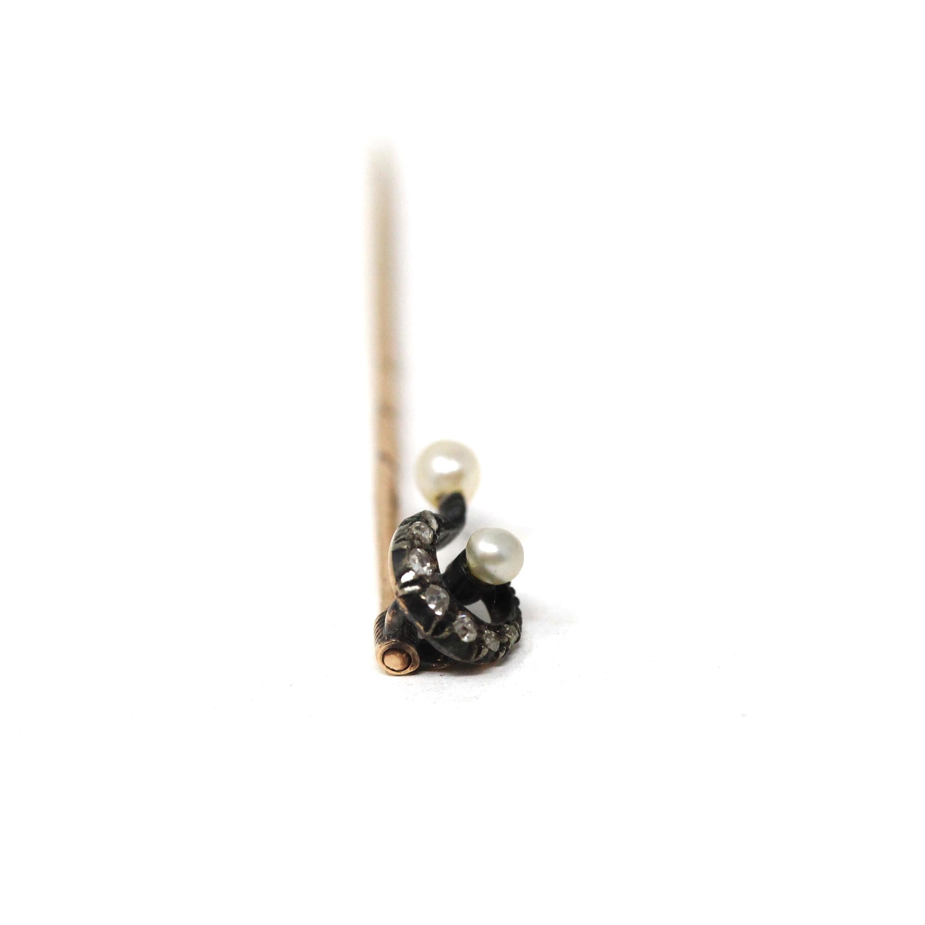 Question Mark Stick Pin - Antique Sterling Silver & 14k Yellow Gold Lapel Cravat Brooch - Victorian Era 1890s Pearl And Diamond Fine Jewelry