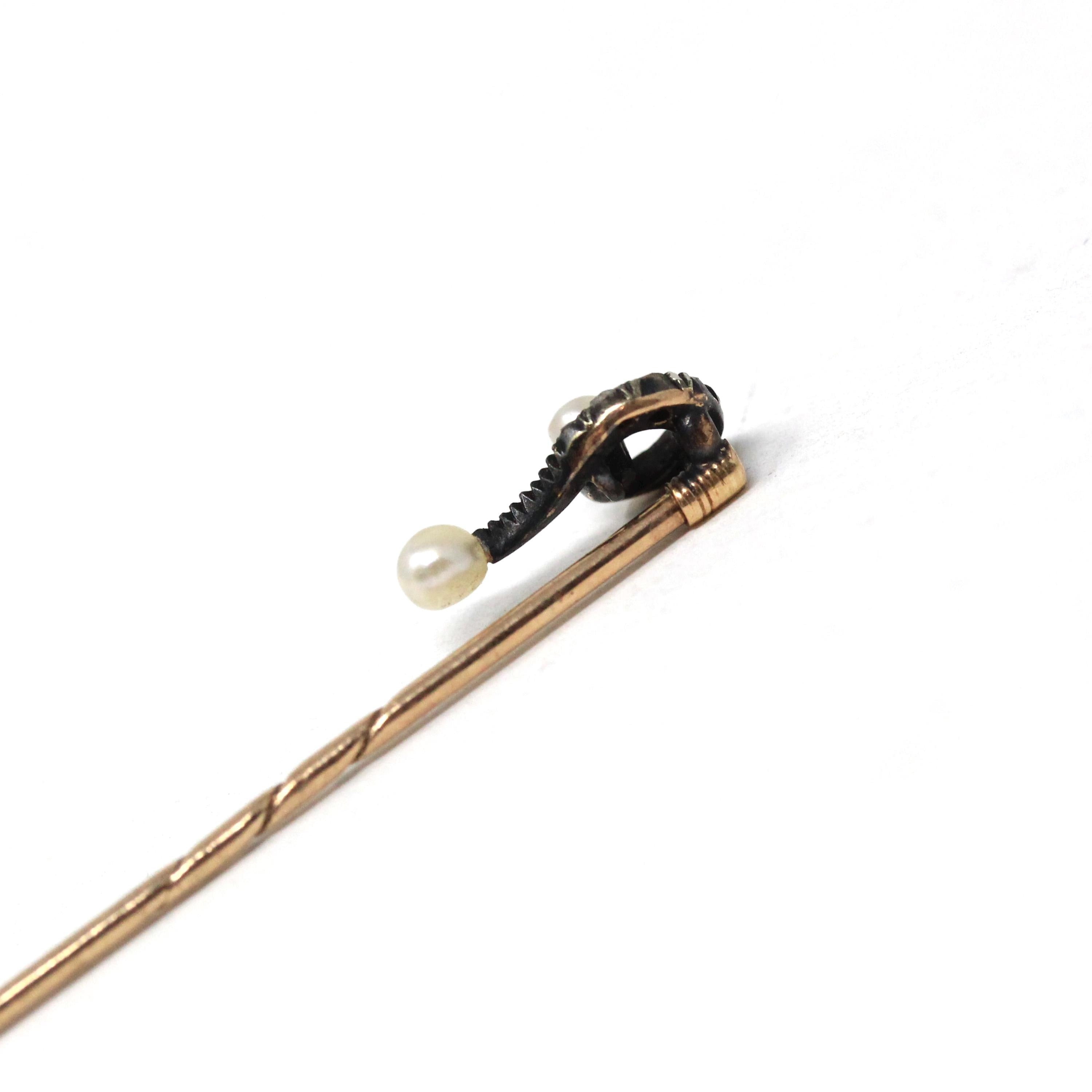 Question Mark Stick Pin - Antique Sterling Silver & 14k Yellow Gold Lapel Cravat Brooch - Victorian Era 1890s Pearl And Diamond Fine Jewelry