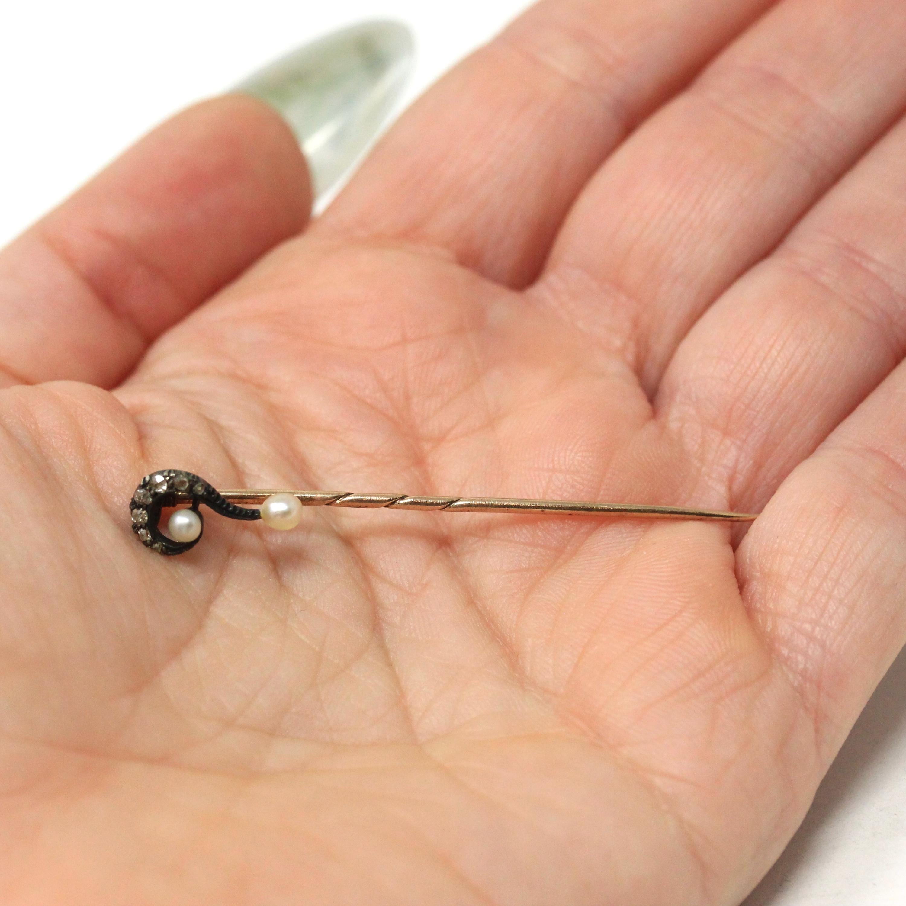 Question Mark Stick Pin - Antique Sterling Silver & 14k Yellow Gold Lapel Cravat Brooch - Victorian Era 1890s Pearl And Diamond Fine Jewelry