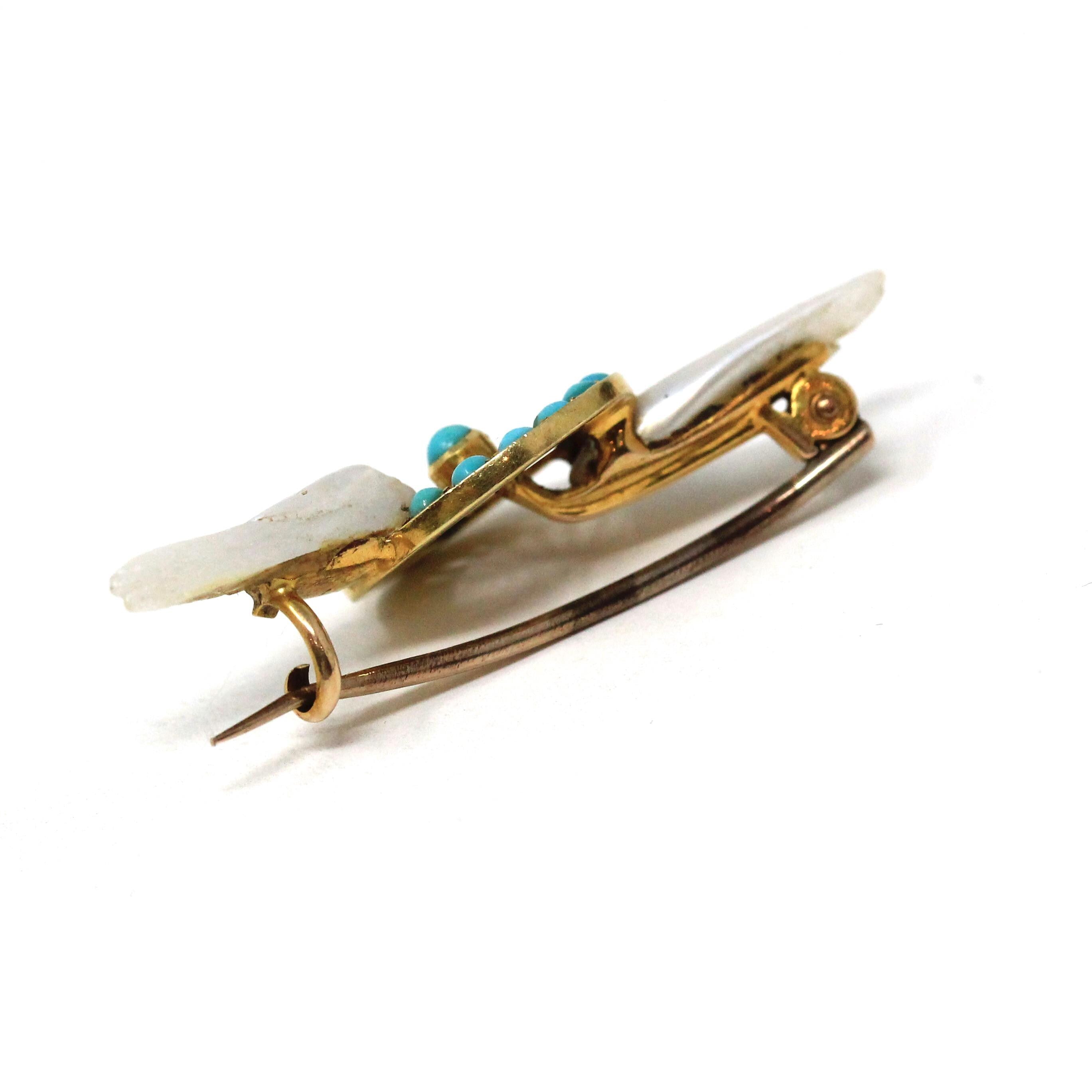 Winged Wheel Brooch - Victorian Era 18k Yellow Gold Natural Blue Turquoise Gems - Antique Circa 1890s Baroque Pearl Speed & Progress Jewelry