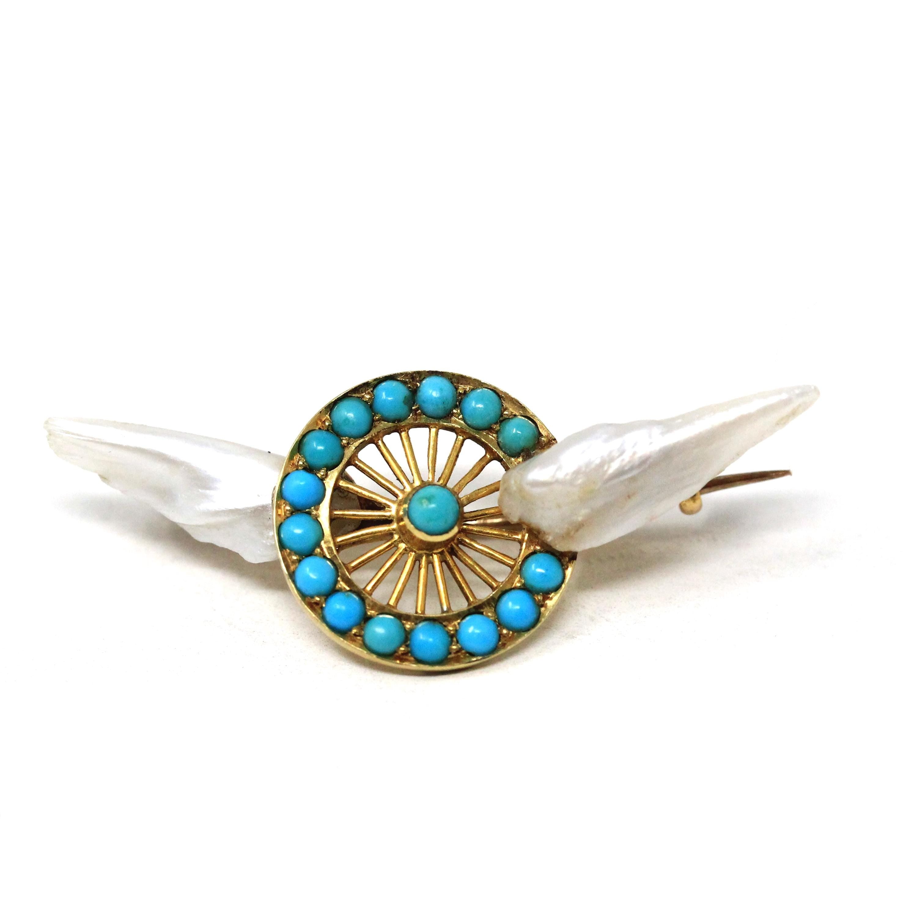 Winged Wheel Brooch - Victorian Era 18k Yellow Gold Natural Blue Turquoise Gems - Antique Circa 1890s Baroque Pearl Speed & Progress Jewelry