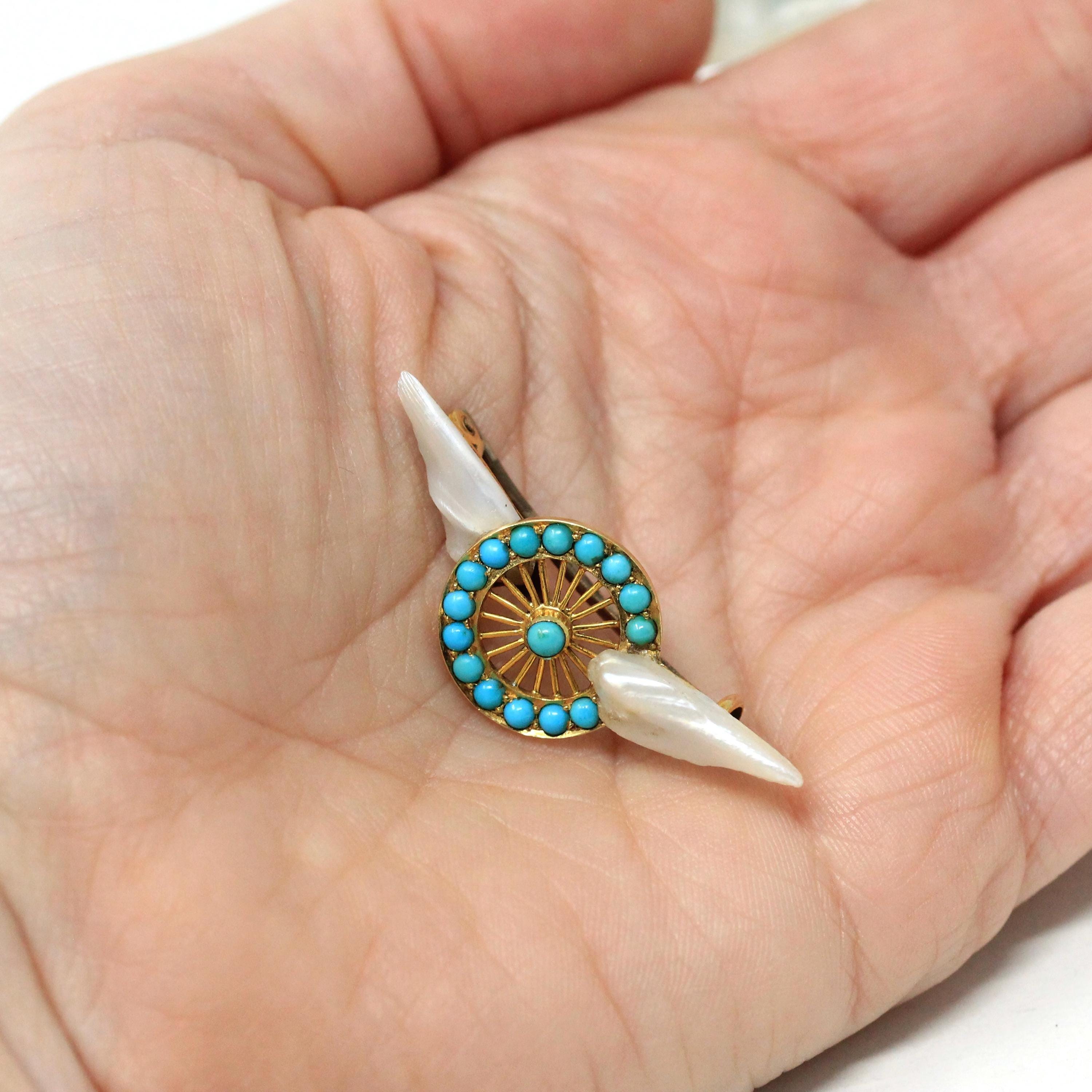 Winged Wheel Brooch - Victorian Era 18k Yellow Gold Natural Blue Turquoise Gems - Antique Circa 1890s Baroque Pearl Speed & Progress Jewelry