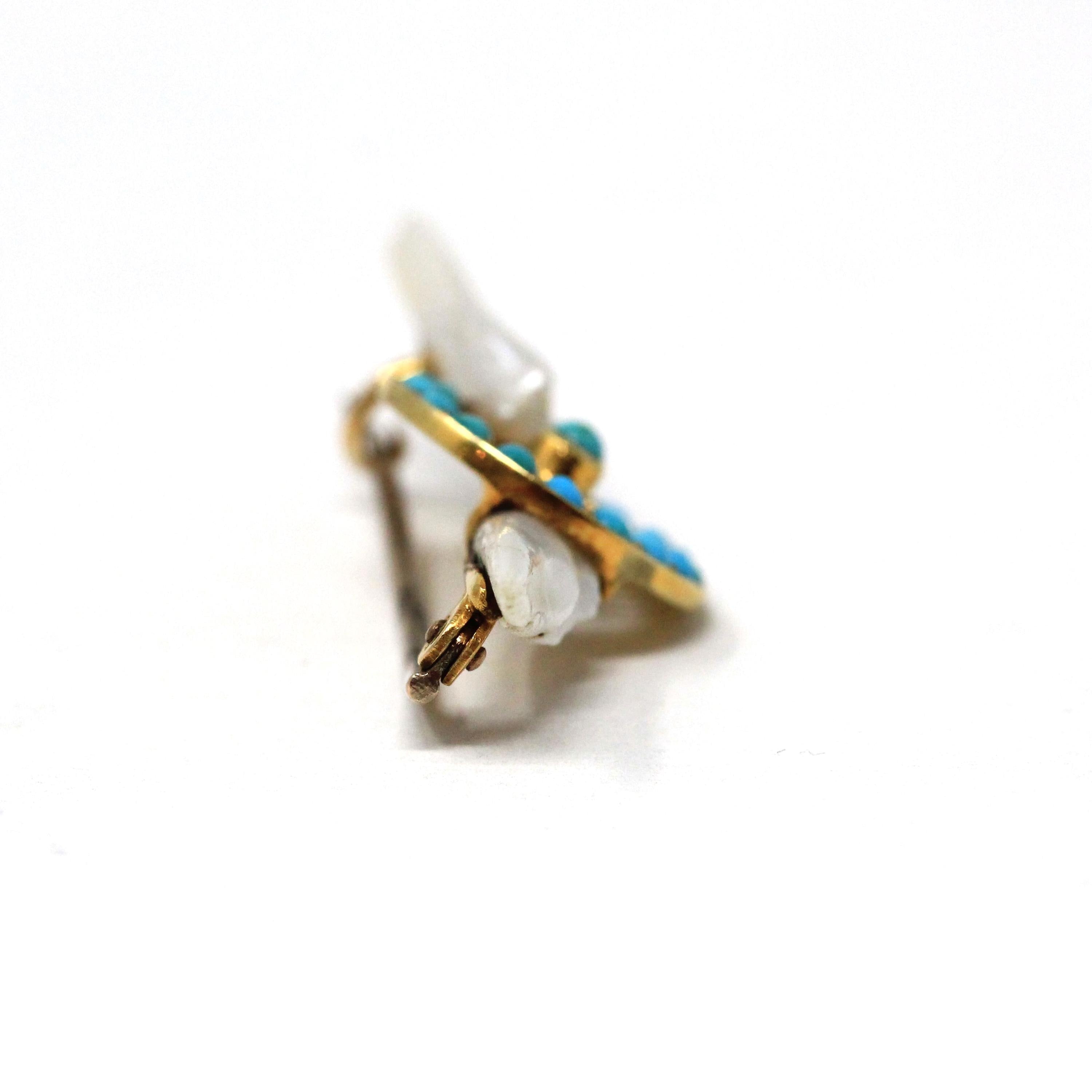 Winged Wheel Brooch - Victorian Era 18k Yellow Gold Natural Blue Turquoise Gems - Antique Circa 1890s Baroque Pearl Speed & Progress Jewelry