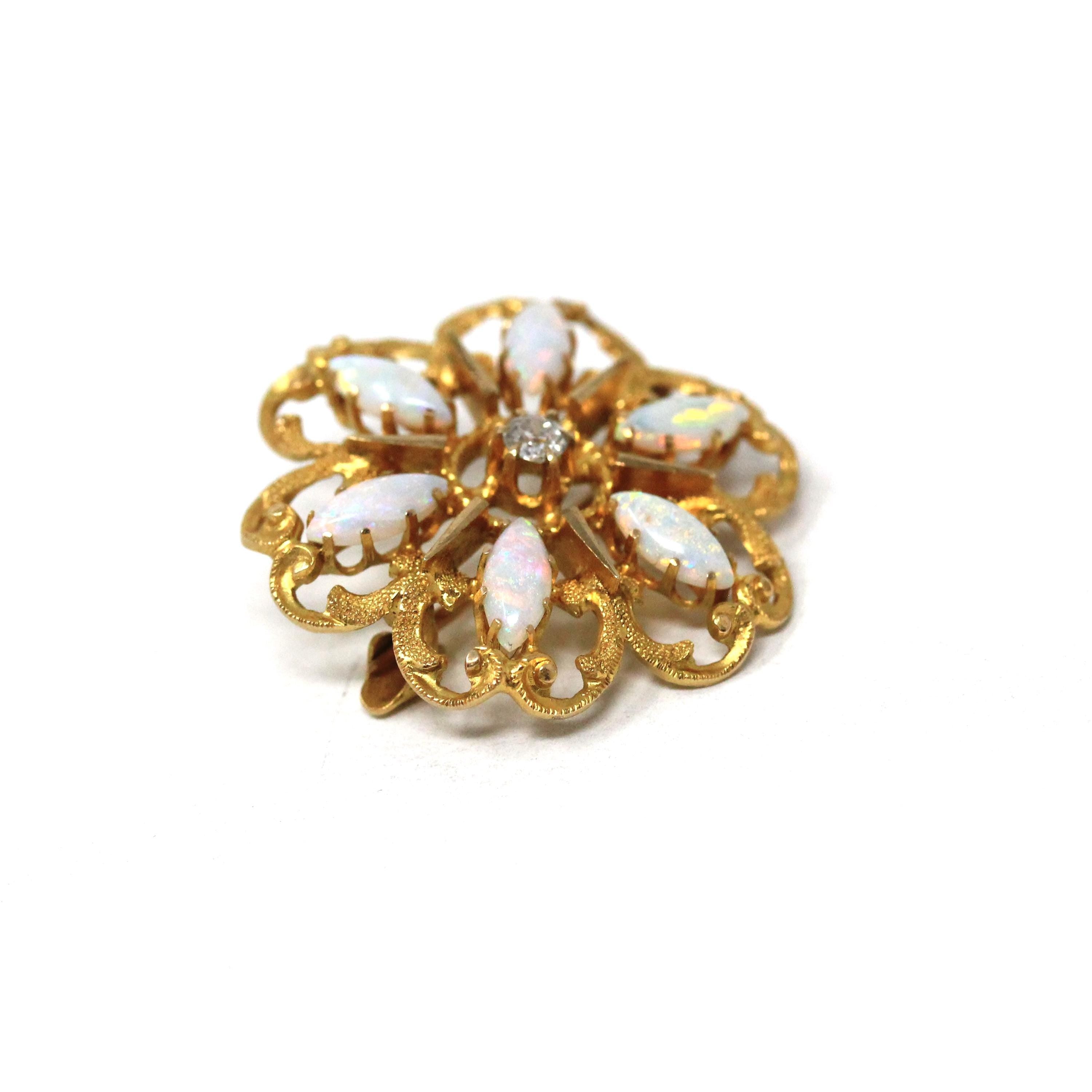 Antique Flower Brooch - Edwardian Era 10k Yellow Gold Natural Opal & Diamond Sunburst Pin - Circa 1900s Fine October Birthstone Jewelry