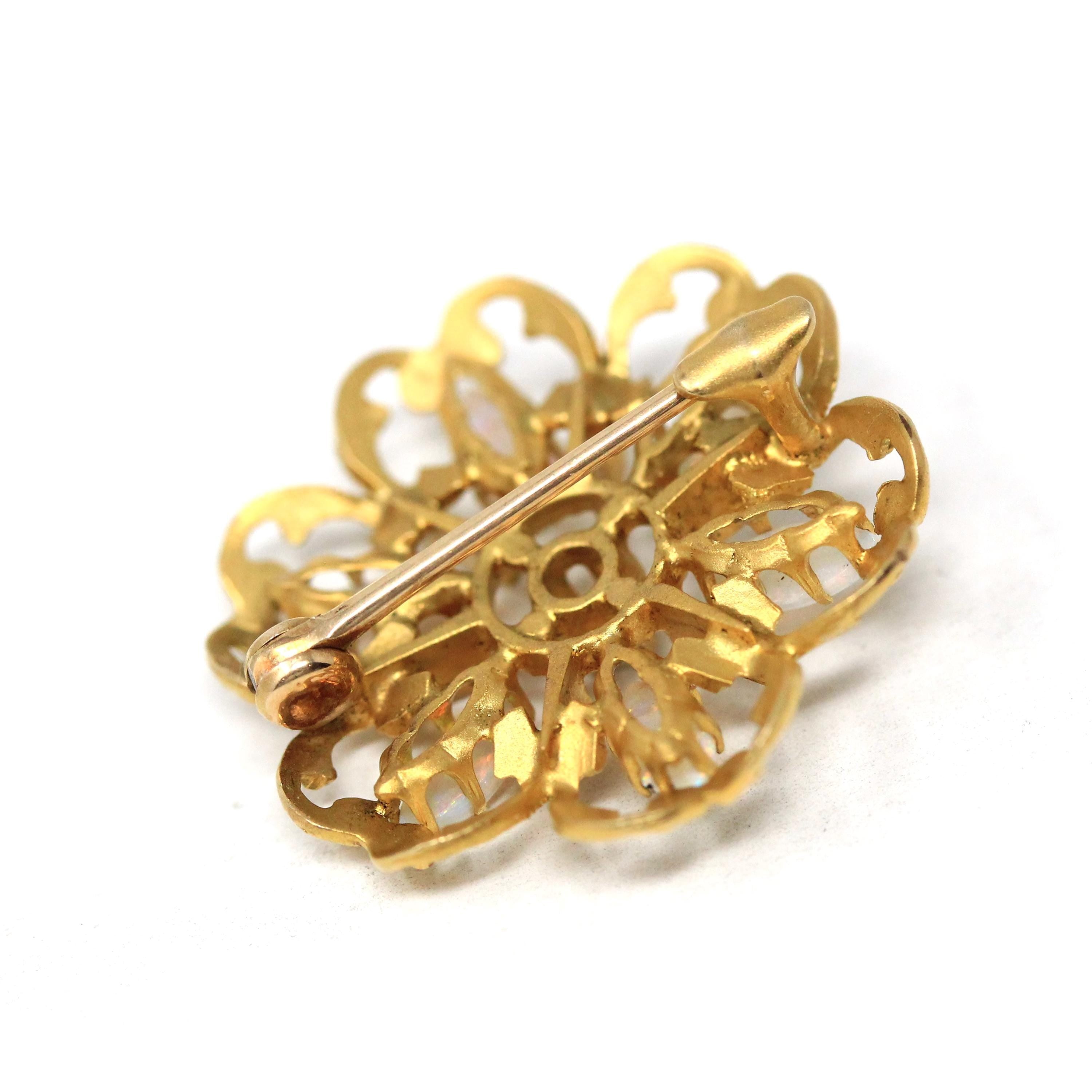 Antique Flower Brooch - Edwardian Era 10k Yellow Gold Natural Opal & Diamond Sunburst Pin - Circa 1900s Fine October Birthstone Jewelry