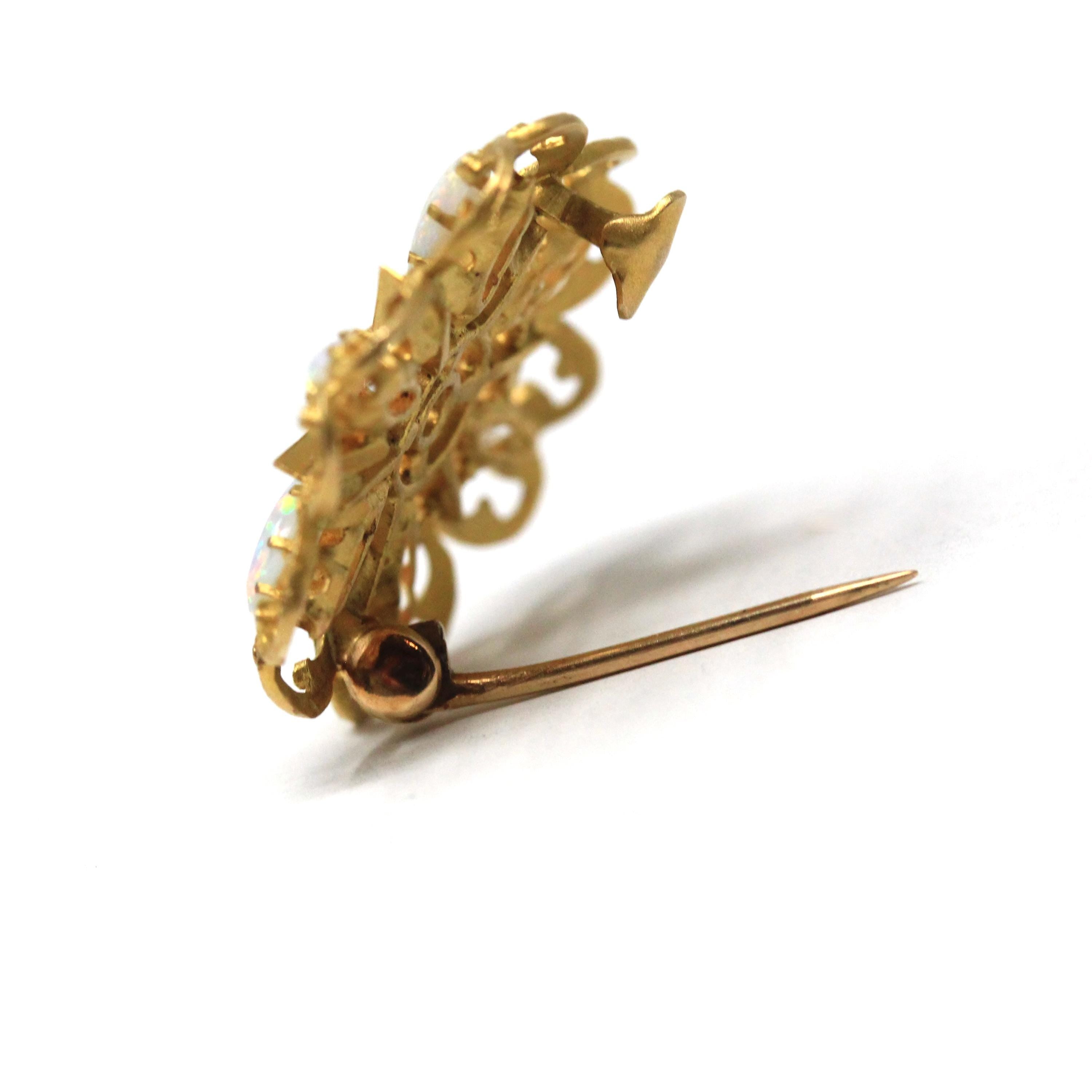 Antique Flower Brooch - Edwardian Era 10k Yellow Gold Natural Opal & Diamond Sunburst Pin - Circa 1900s Fine October Birthstone Jewelry