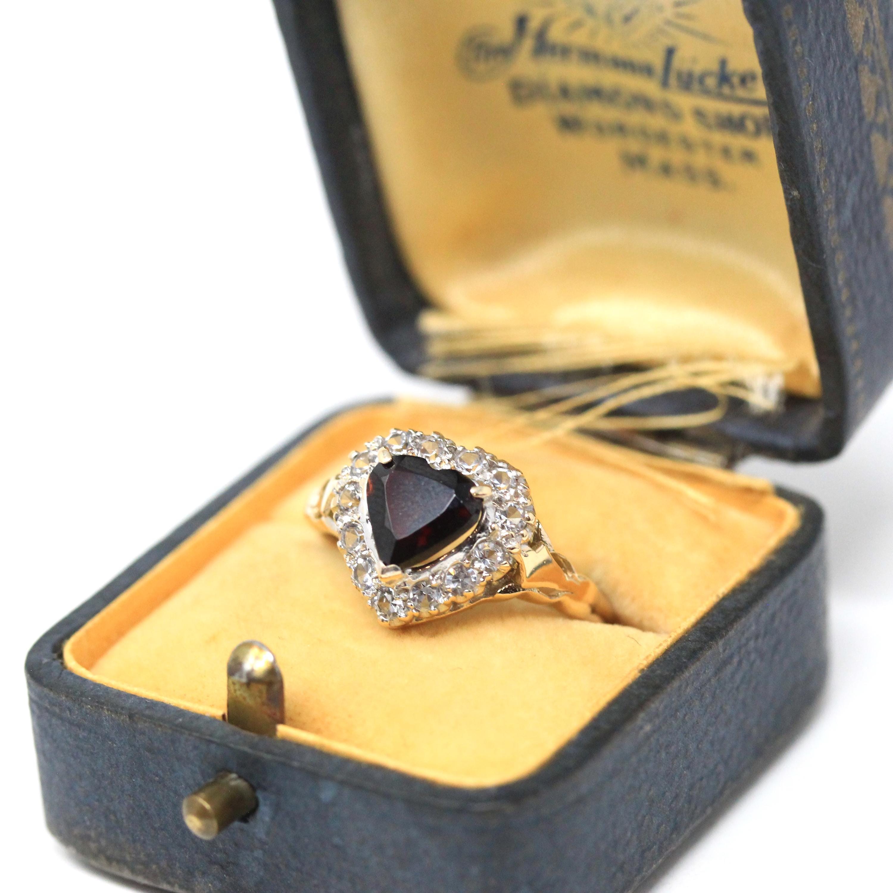 Vintage Heart Halo Ring - Retro 9k Yellow Gold Red Garnet Created White Spinel Statement - Circa 1960s Size 7 3/4 Cluster Fine Love Jewelry