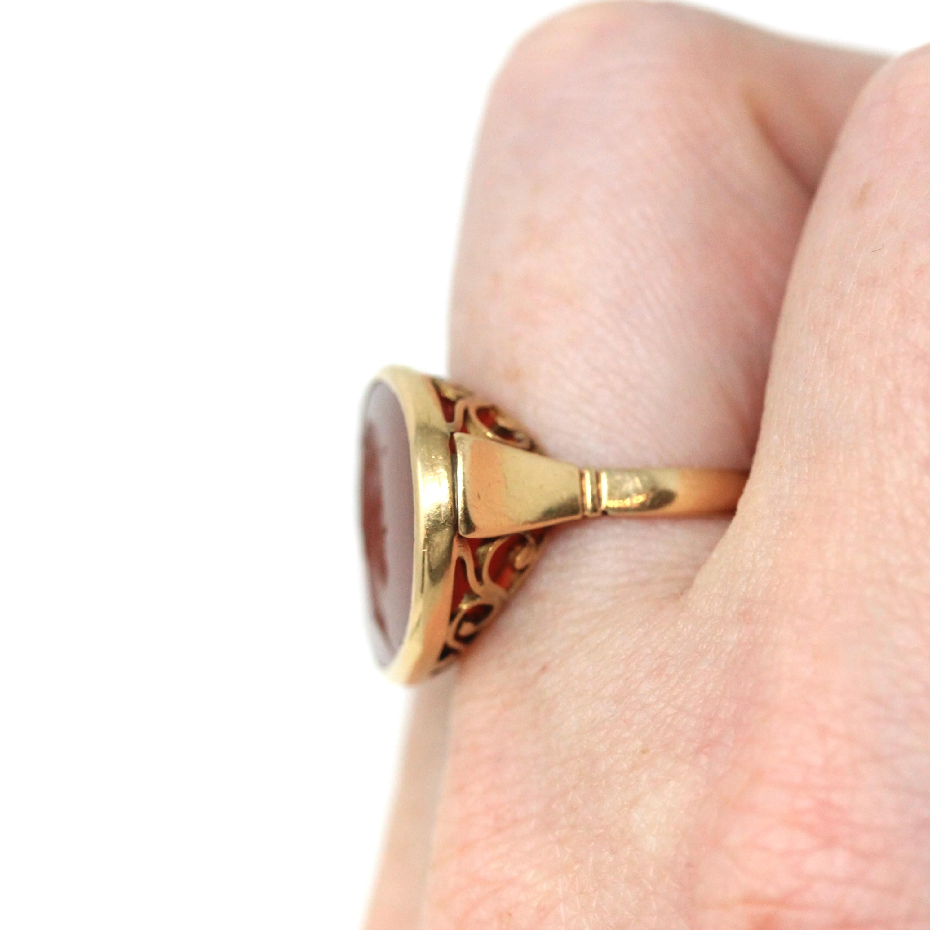 Edwardian Intaglio Ring - Antique 18k Yellow Gold Red Carnelian Carved Engraved Gemstone - Circa 1900s Era Size 6 Unisex Signet Fine Jewelry