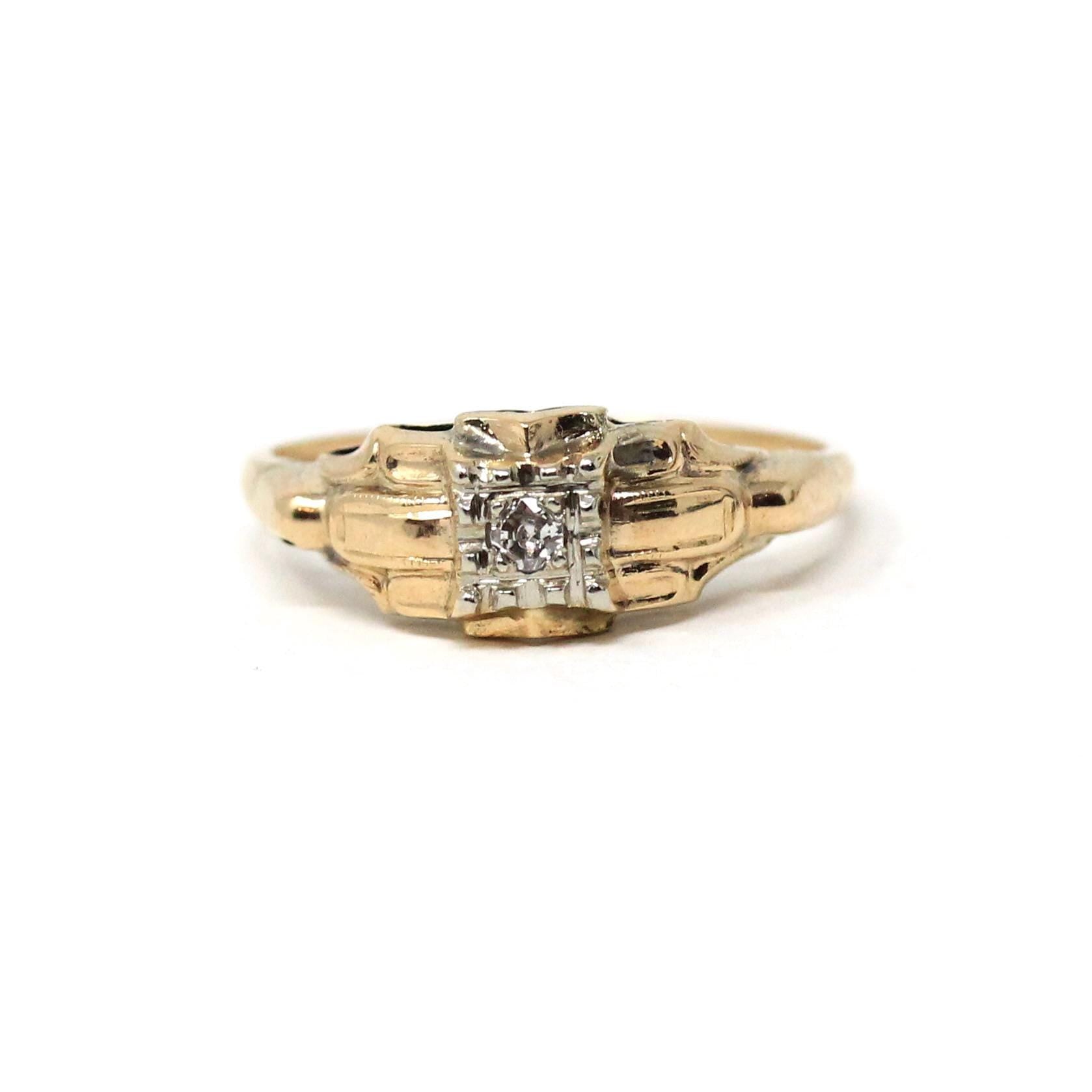 Vintage Diamond Ring - Mid Century 14k Yellow Gold Illusion Head .03 CT Setting - Circa 1940s Era Size 5.25 Fine Two Tone Engagement Jewelry