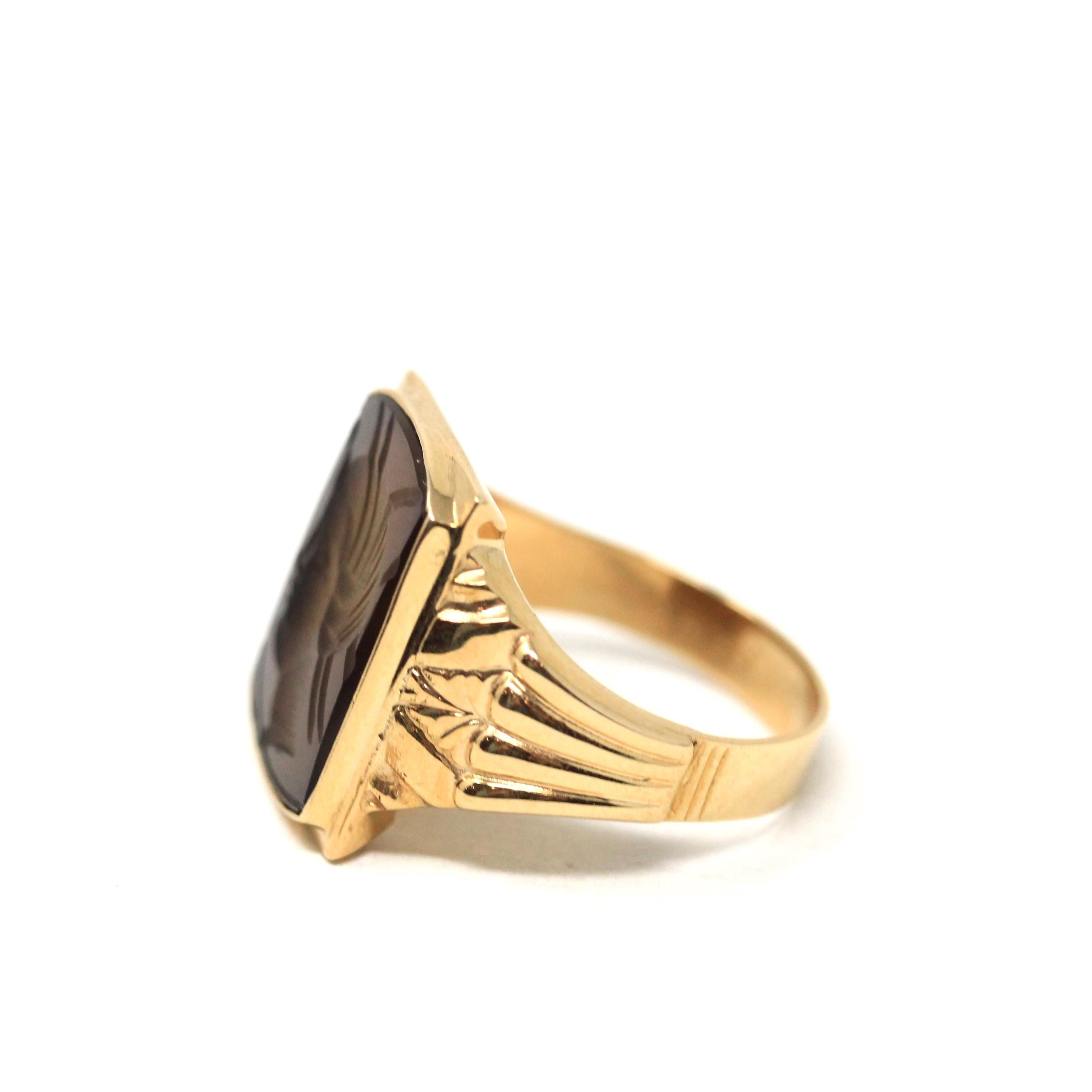 Chalcedony Intaglio Ring - Vintage 10k Yellow Gold Carved Brown Gemstone Warrior - Circa 1950s Era Size 8 3/4 Unisex Fine Statement Jewelry