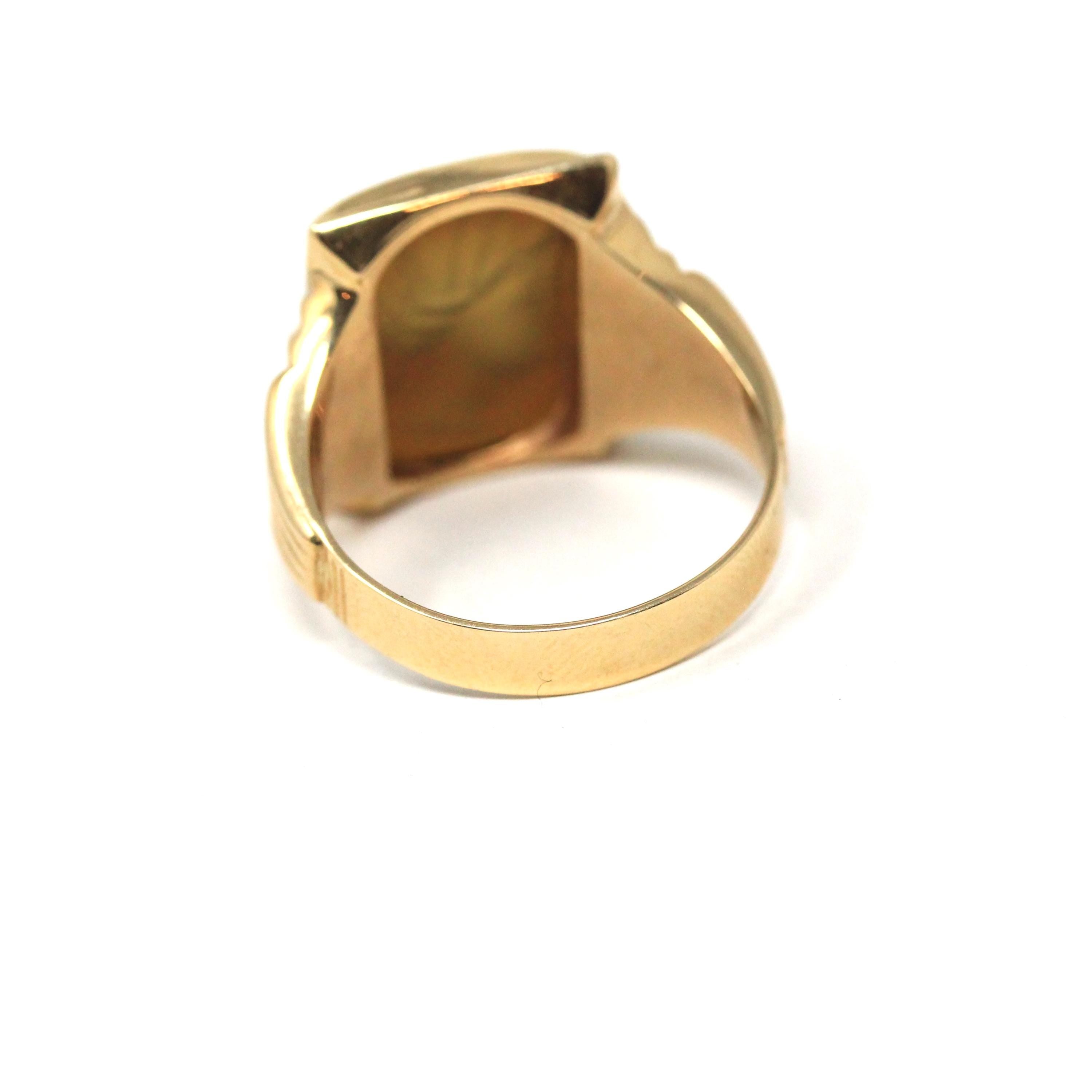 Chalcedony Intaglio Ring - Vintage 10k Yellow Gold Carved Brown Gemstone Warrior - Circa 1950s Era Size 8 3/4 Unisex Fine Statement Jewelry