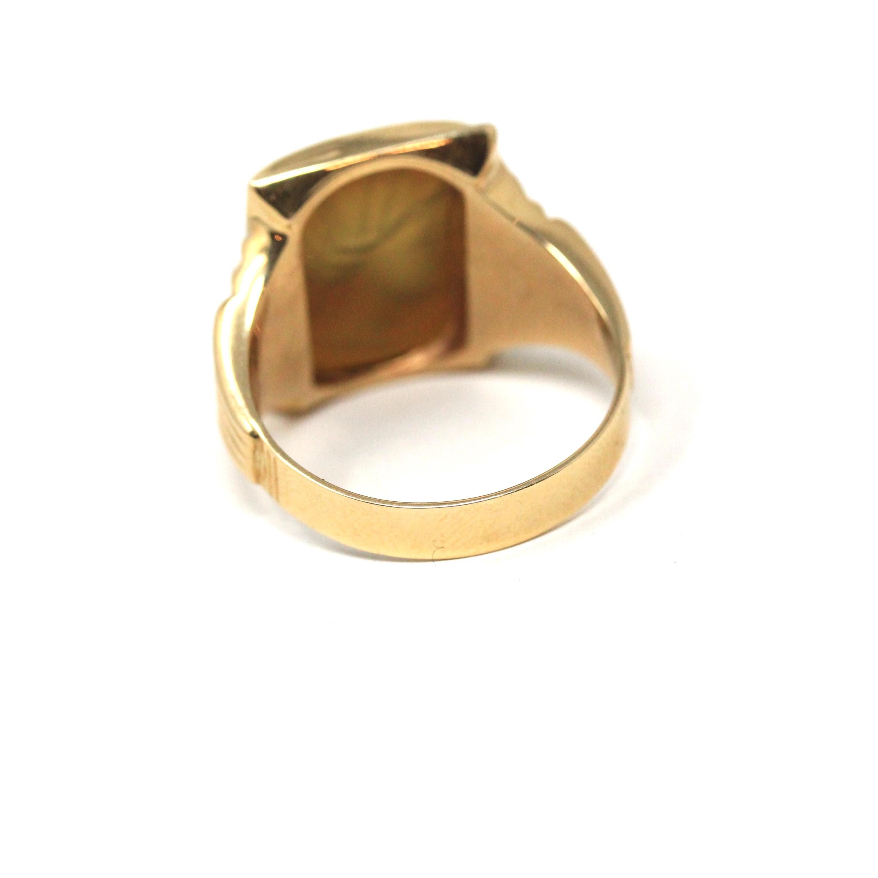 Chalcedony Intaglio Ring - Vintage 10k Yellow Gold Carved Brown Gemstone Warrior - Circa 1950s Era Size 8 3/4 Unisex Fine Statement Jewelry