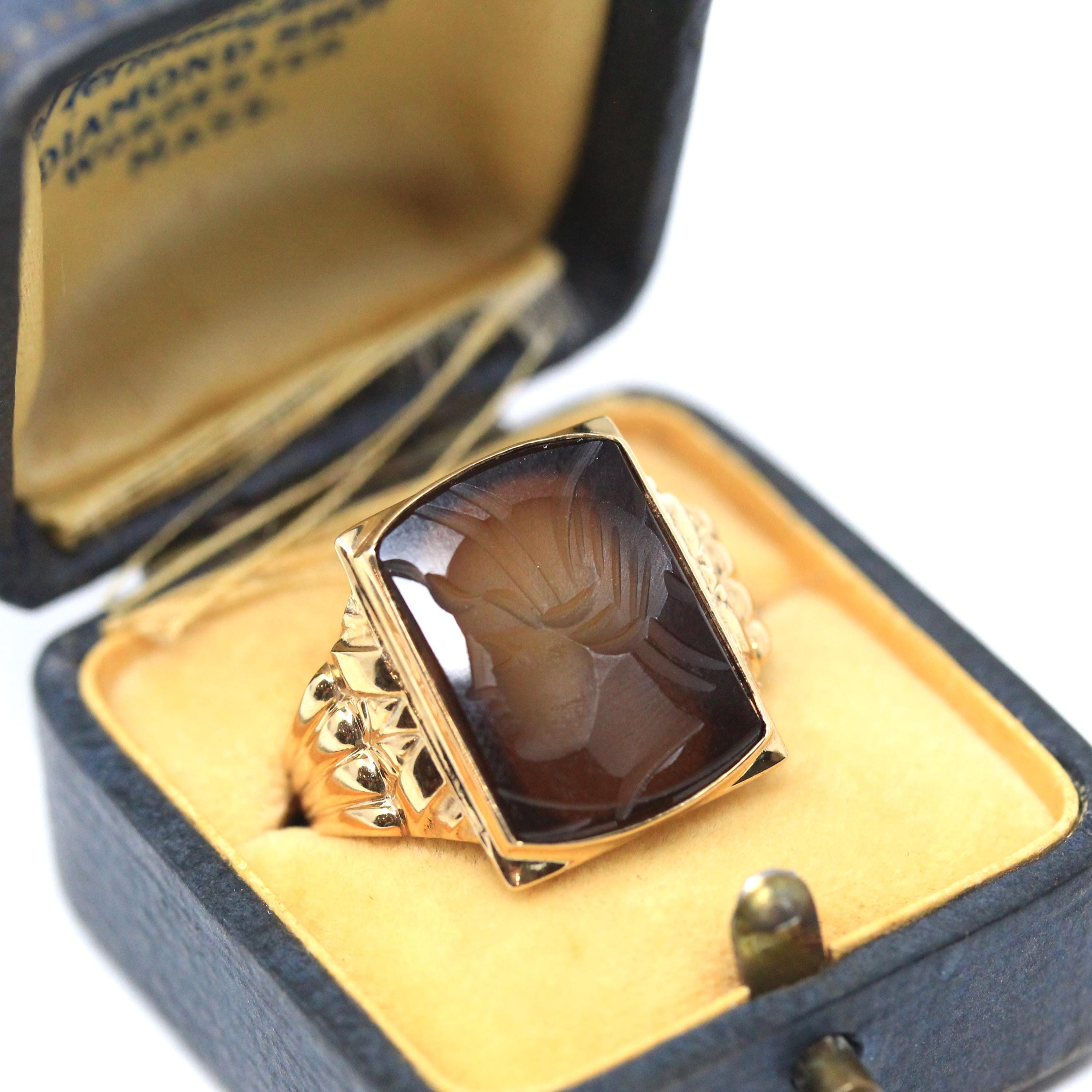 Chalcedony Intaglio Ring - Vintage 10k Yellow Gold Carved Brown Gemstone Warrior - Circa 1950s Era Size 8 3/4 Unisex Fine Statement Jewelry