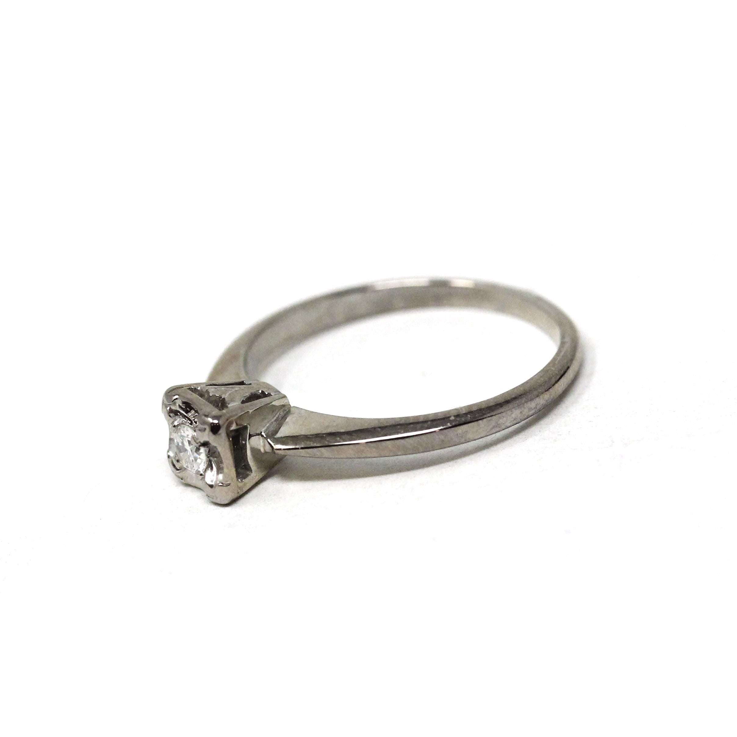 Illusion Diamond Ring - Mid Century 18k White Gold Engagement Natural Gemstone Solitaire - Vintage 1950s Era Size 4 1/2 Fine Bridal Jewelry