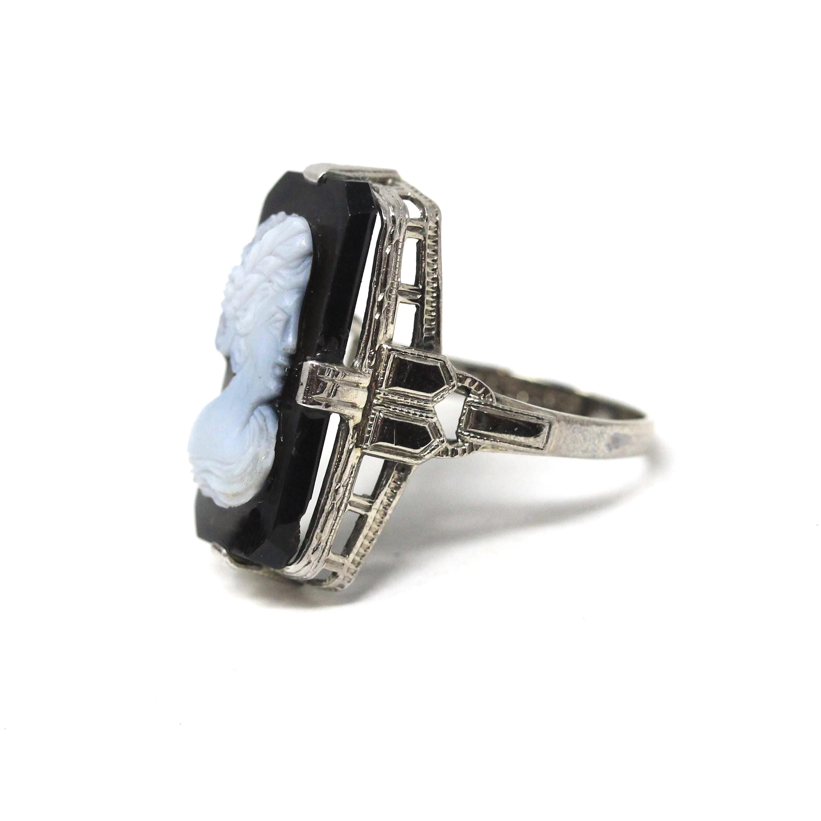 Vintage Cameo Ring - Art Deco 14k White Gold Genuine Carved Black & White Onyx Gemstone - Circa 1930s Era Statement Woman's Profile Jewelry